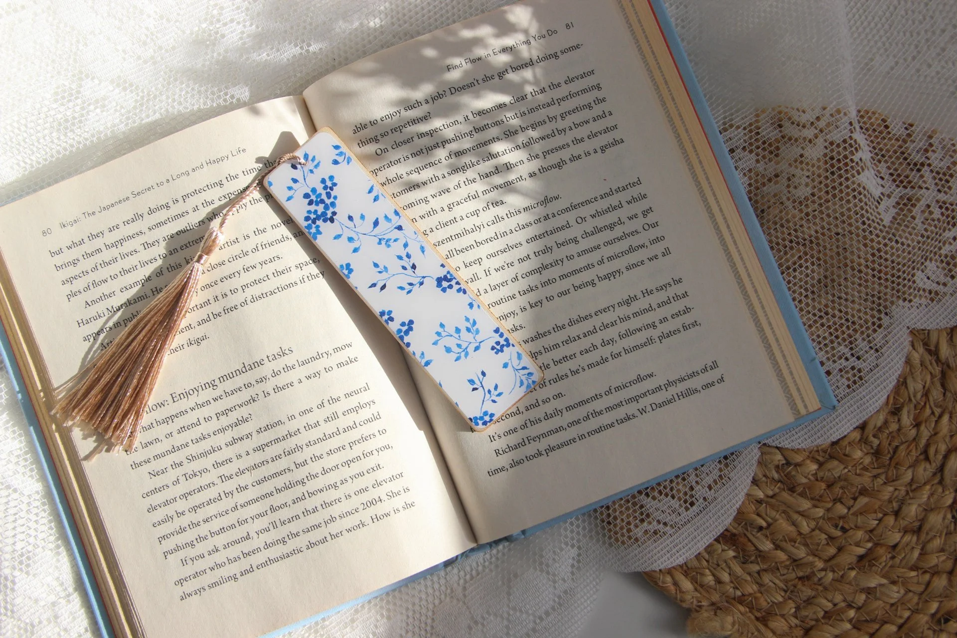 Set of illustrated bookmarks with intricate blue-and-white floral and ornamental patterns inspired by Dutch Delft ceramics and Jaipur blue pottery from India