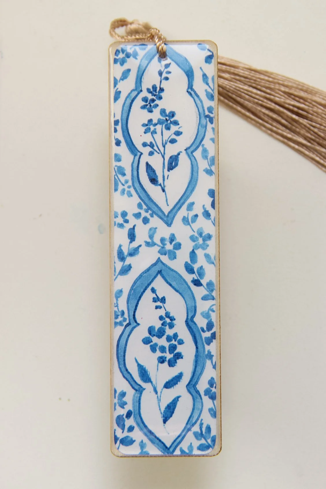 Set of illustrated bookmarks with intricate blue-and-white floral and ornamental patterns inspired by Dutch Delft ceramics and Jaipur blue pottery from India