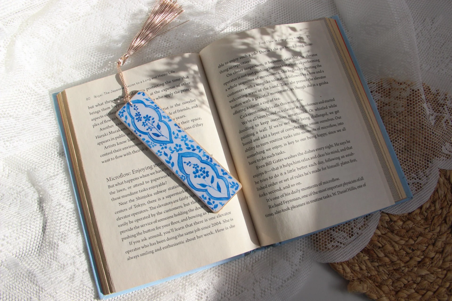 Set of illustrated bookmarks with intricate blue-and-white floral and ornamental patterns inspired by Dutch Delft ceramics and Jaipur blue pottery from India
