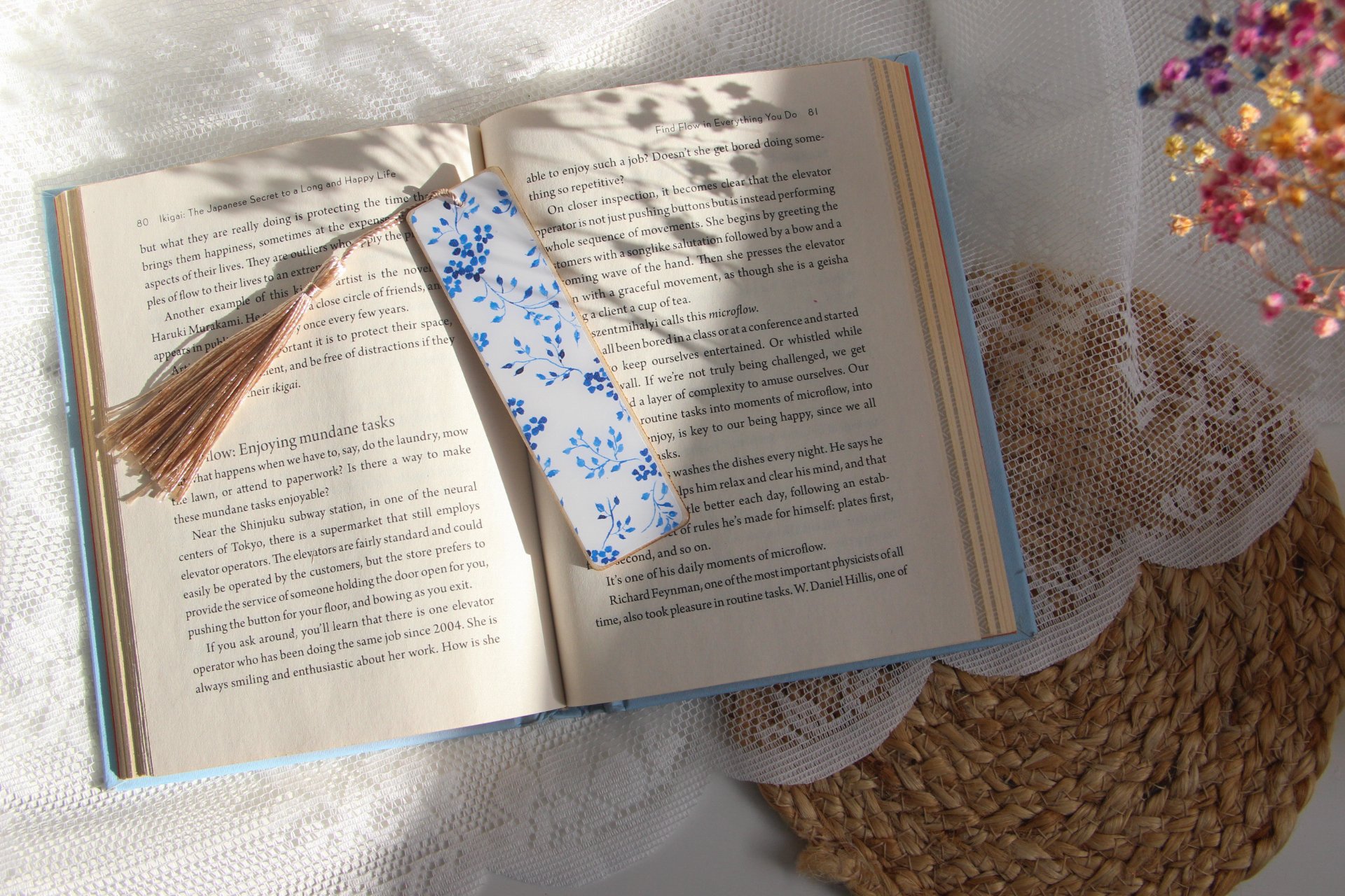 Set of illustrated bookmarks with intricate blue-and-white floral and ornamental patterns inspired by Dutch Delft ceramics and Jaipur blue pottery from India