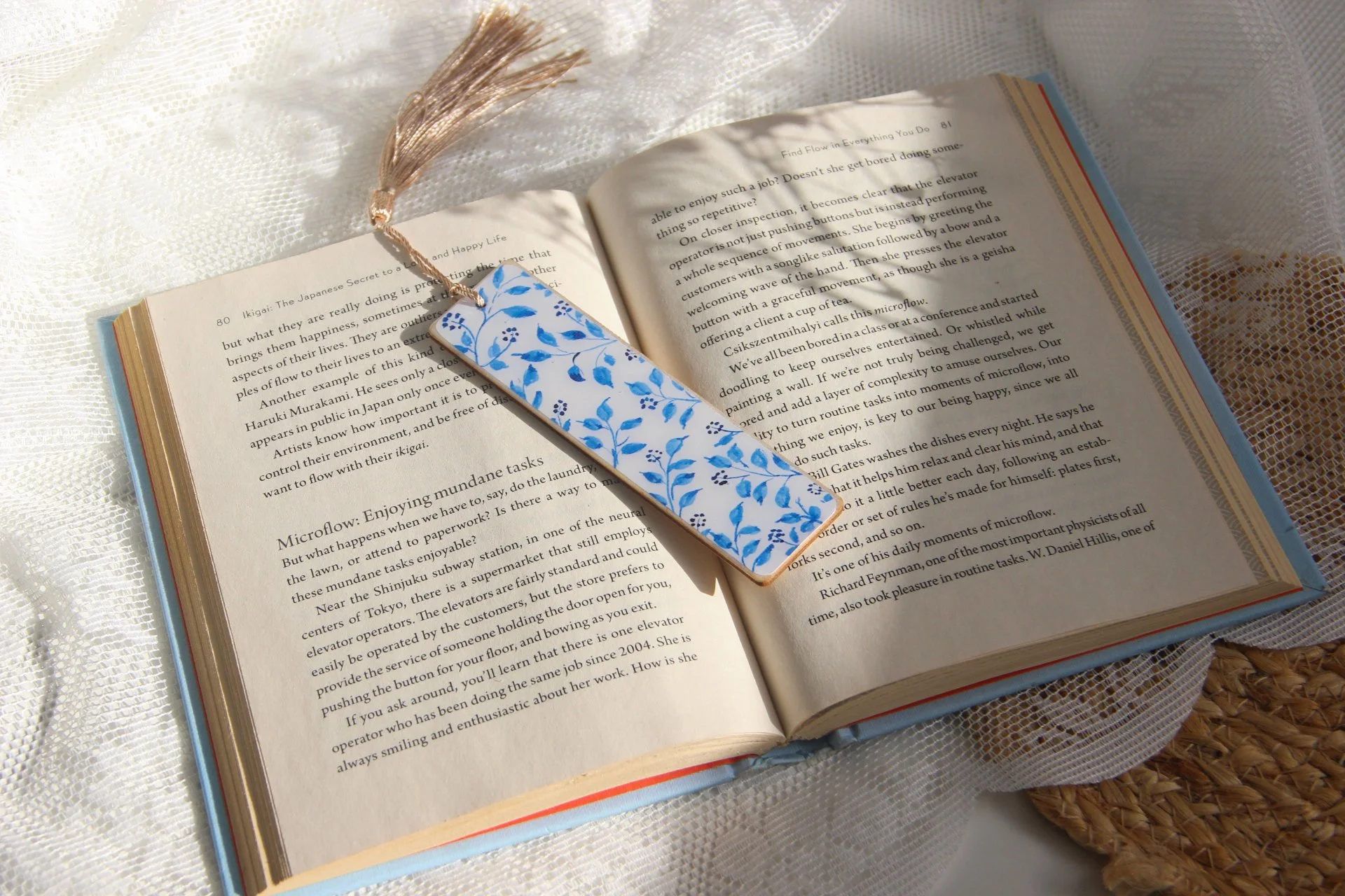 Set of illustrated bookmarks with intricate blue-and-white floral and ornamental patterns inspired by Dutch Delft ceramics and Jaipur blue pottery from India