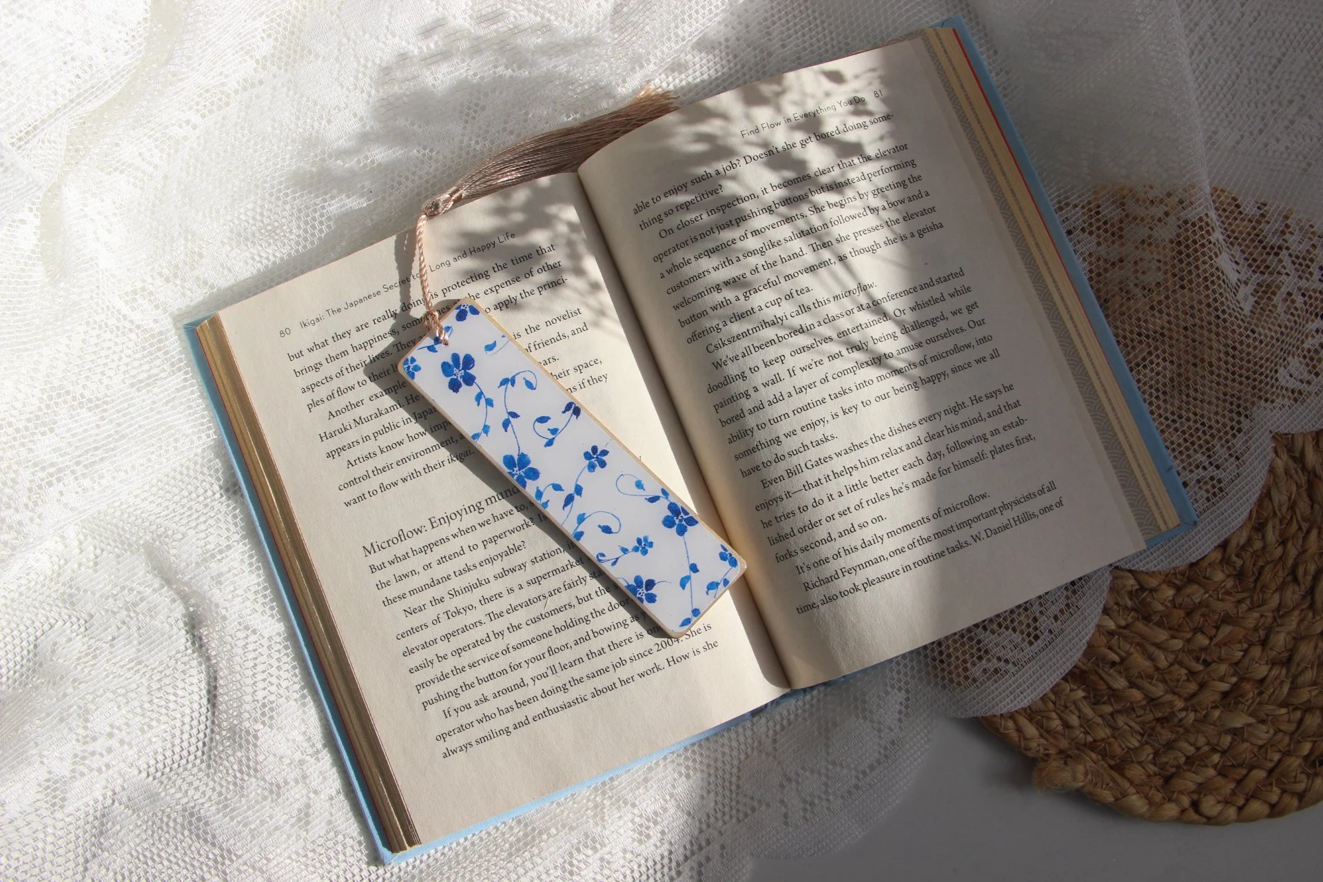 Set of illustrated bookmarks with intricate blue-and-white floral and ornamental patterns inspired by Dutch Delft ceramics and Jaipur blue pottery from India