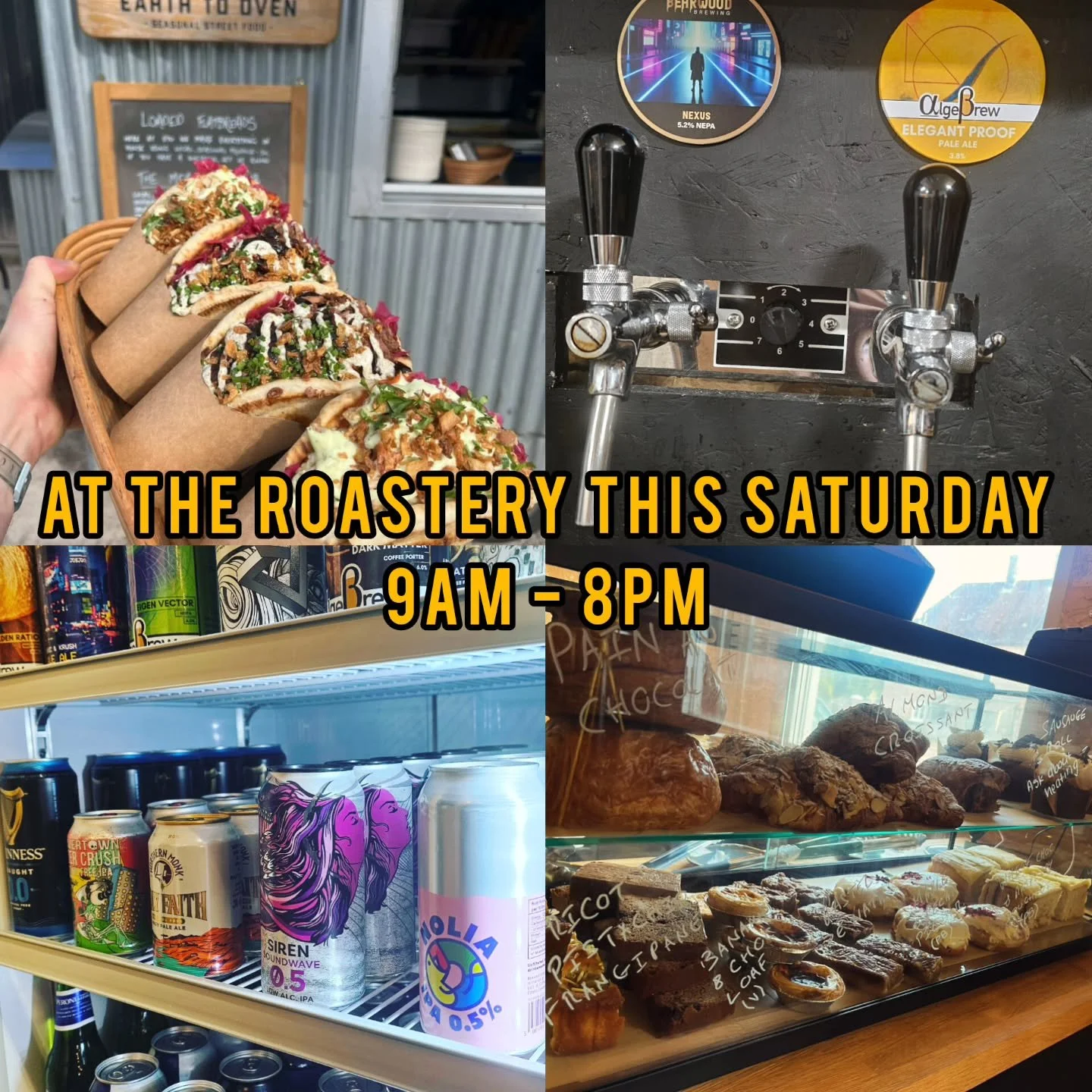 Get ready for a fantastic Saturday at the Roastery! We'll be open from 9AM for coffee and cakes from @the_street_bakeshop. From midday, @earth_to_oven will be serving their famous loaded flatbreads (food served from 12-8PM). Our bar opens at 11AM wit
