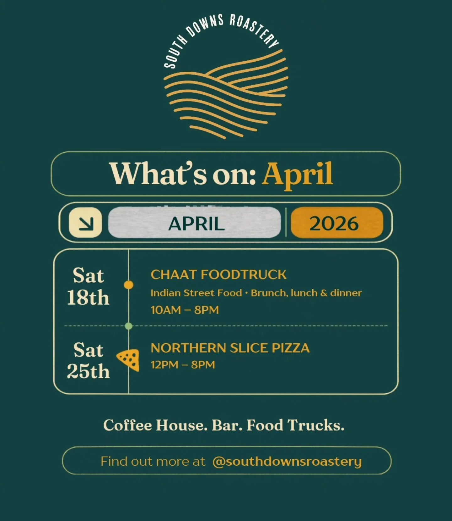Coming up at the Roastery in April:

This Saturday (18th) &ndash; @chaatfoodtruck are back with more incredible Indian street food. They will be serving everything from brunch through to dinner, so come along and enjoy some fantastic food this weeken