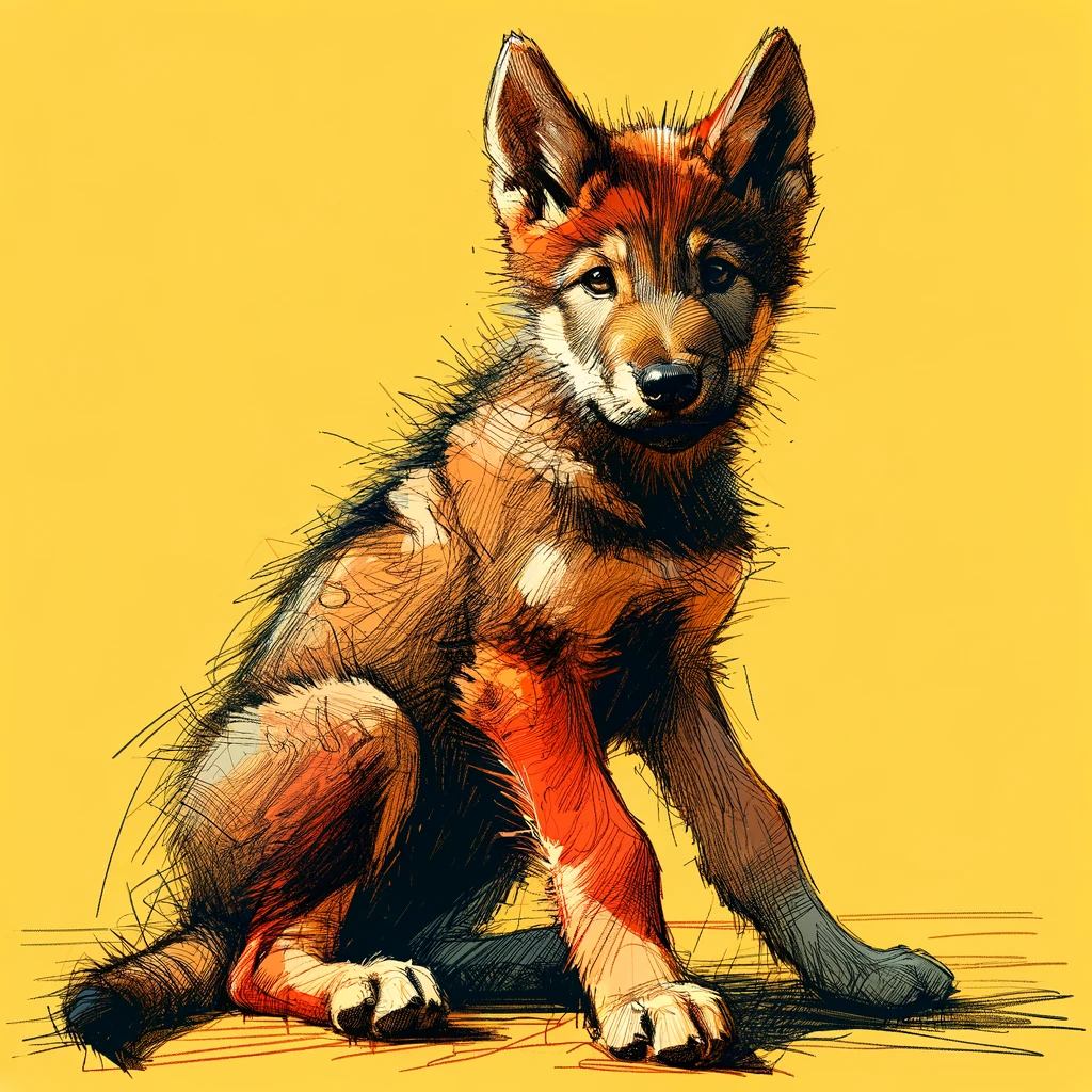 Illustration of a young red wolf-like puppy with rust coloured fur, drawn against a vibrant yellow background