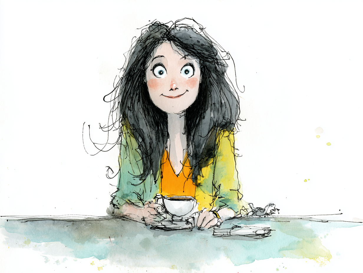 Illustration of author, Solène Fray. Ink and watercolour image of woman with long black hair and a teacup, smiling.