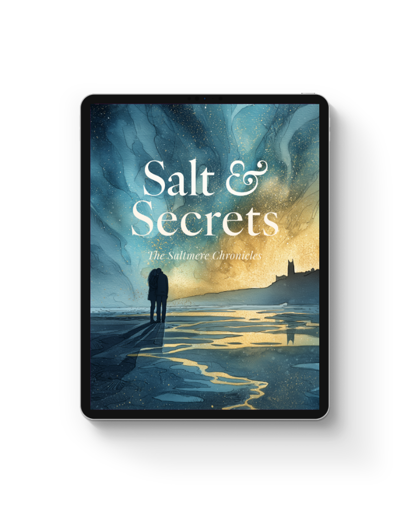 An iPad with the cover of Salt & Secrets by Toria Howell showing