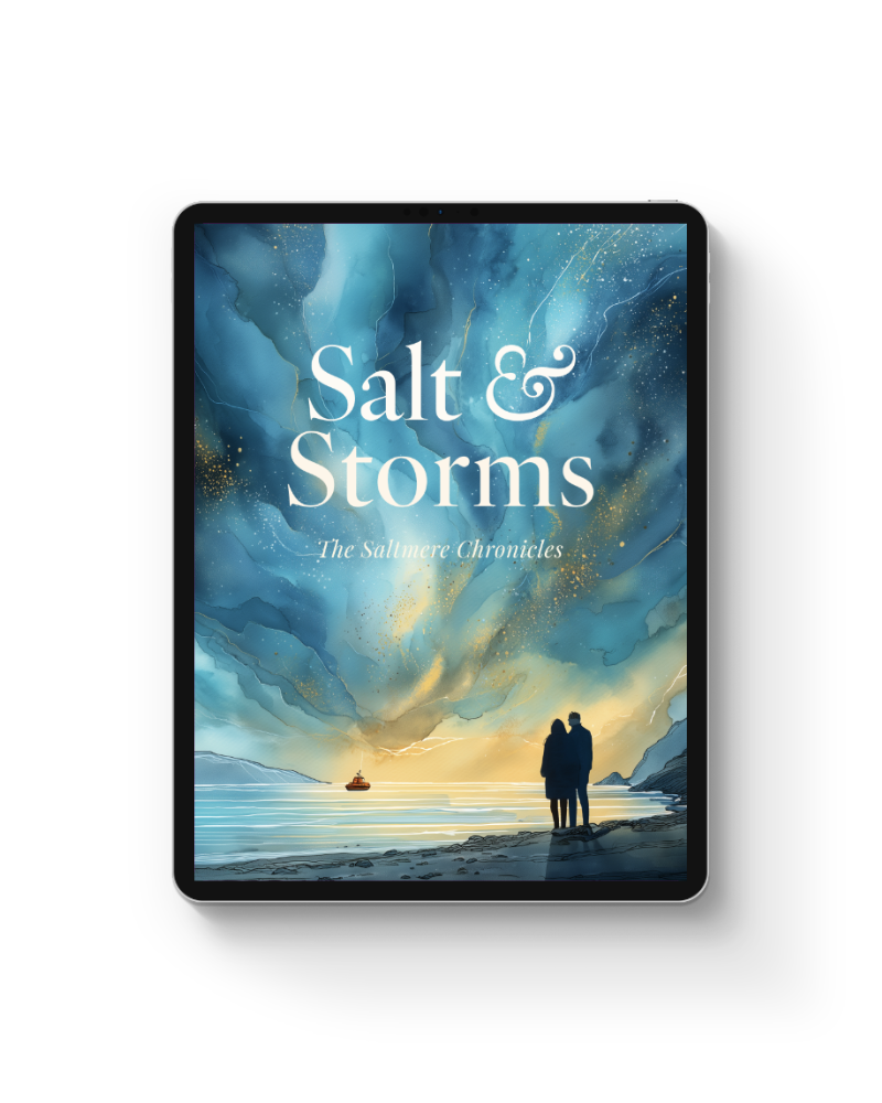 An iPad with the cover of Salt & Storms by Toria Howell showing