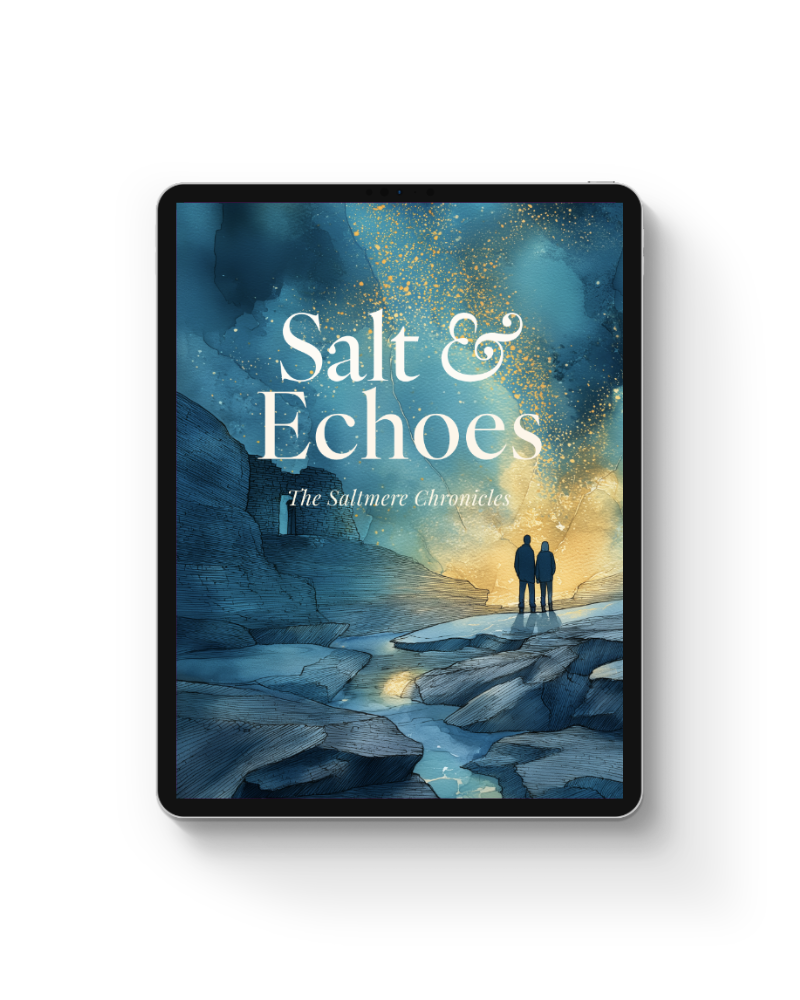 An iPad with the cover of Salt & Echoes by Toria Howell showing