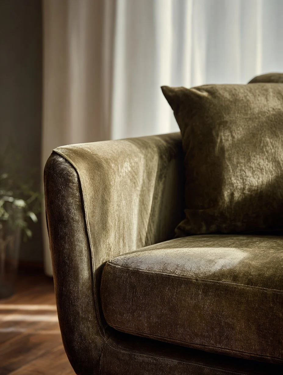 The corner of an olive green velvet sofa with white curtains in the background