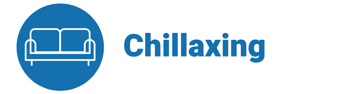 Logo with a blue circle containing a white sofa, followed by the word 'Chillaxing' in bold blue font.