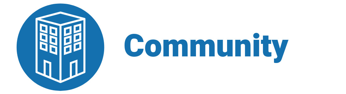 Logo with a blue circle showing a white building icon and the word 'Community' in bold blue letters.