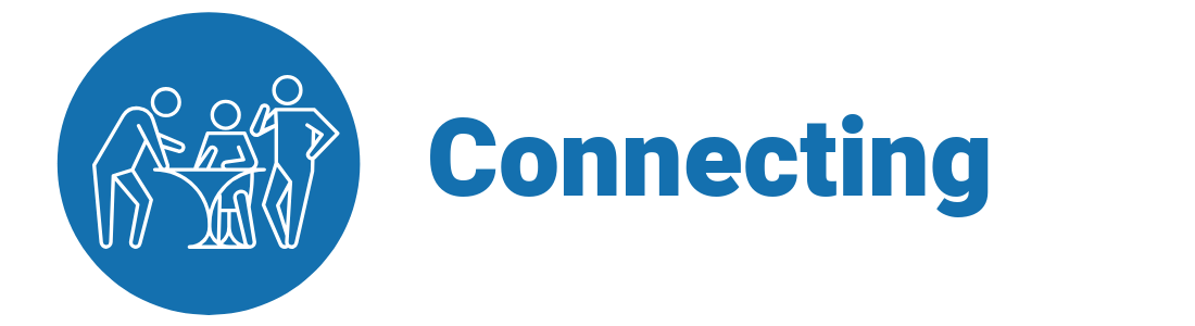 Icon of three people working together around a laptop, with the word 'Connecting' in bold blue text