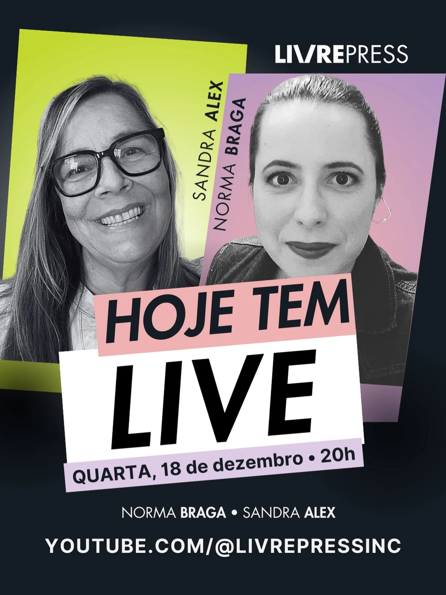 Mensagem de Norma Braga e Sandra Alex da LivrePress:
Decidimos fazer no lugar uma live falando DO LIVRO NOVO da Norma sobre o GUARDA-CHUVA 😍😍😍 Vamos ficar emocionadas de falar dele agora 🥰
