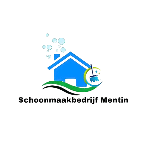 Logo van schoonmaakbedrijf Mentin met een huis, zeepbellen, water en schoonmaakmiddel.