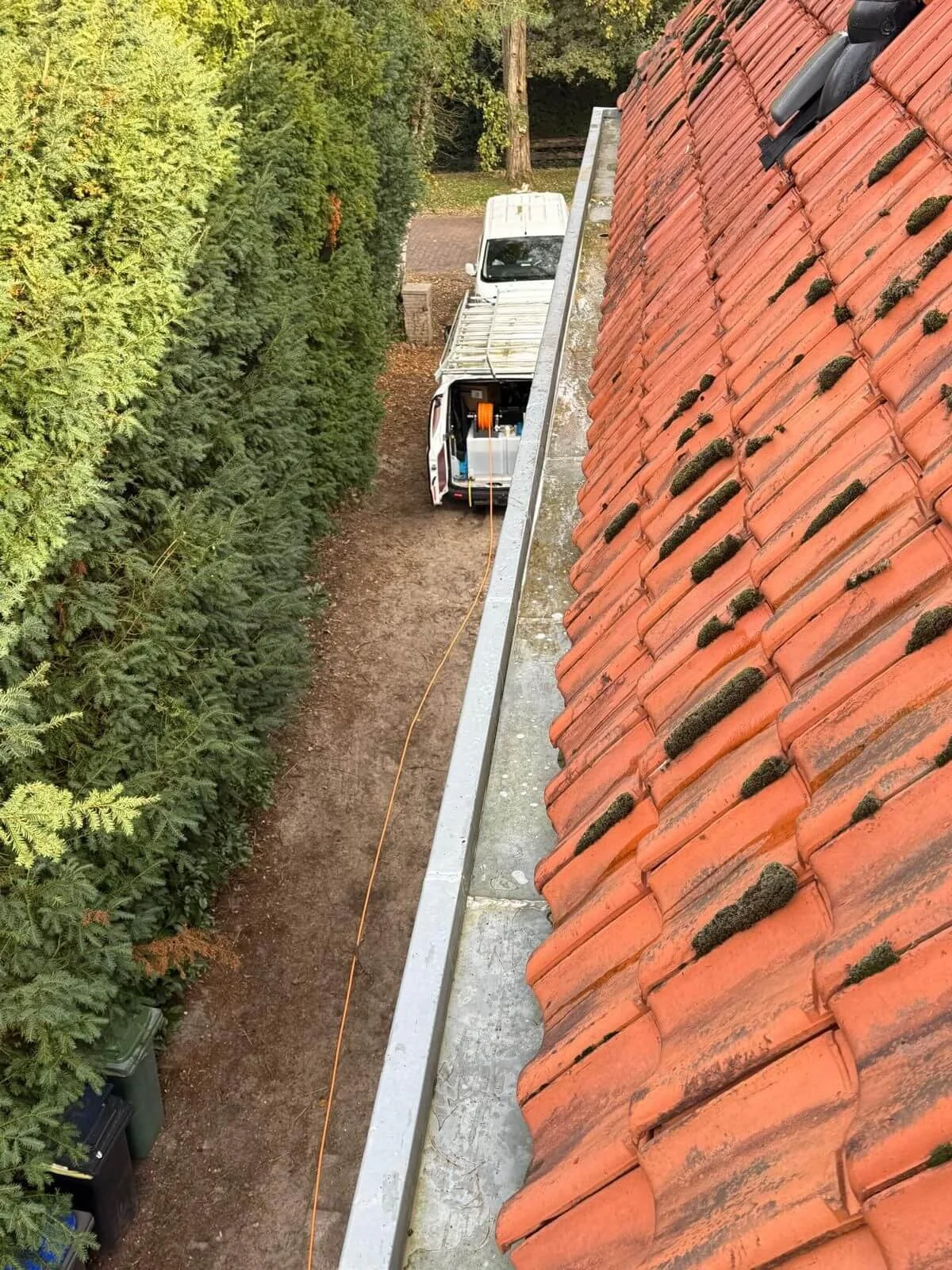 Dakpannen met mos tussen de rijen dakpannen tijdens dakreiniging.