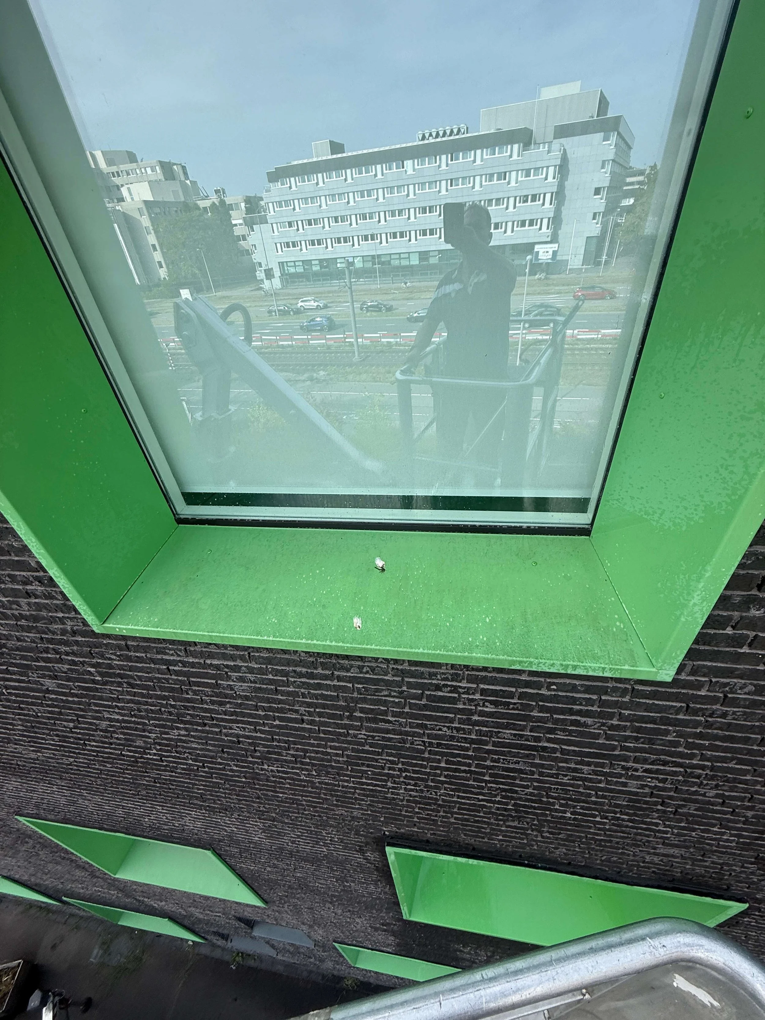 Gereinigd raam in een gebouw met groene kozijnranden.