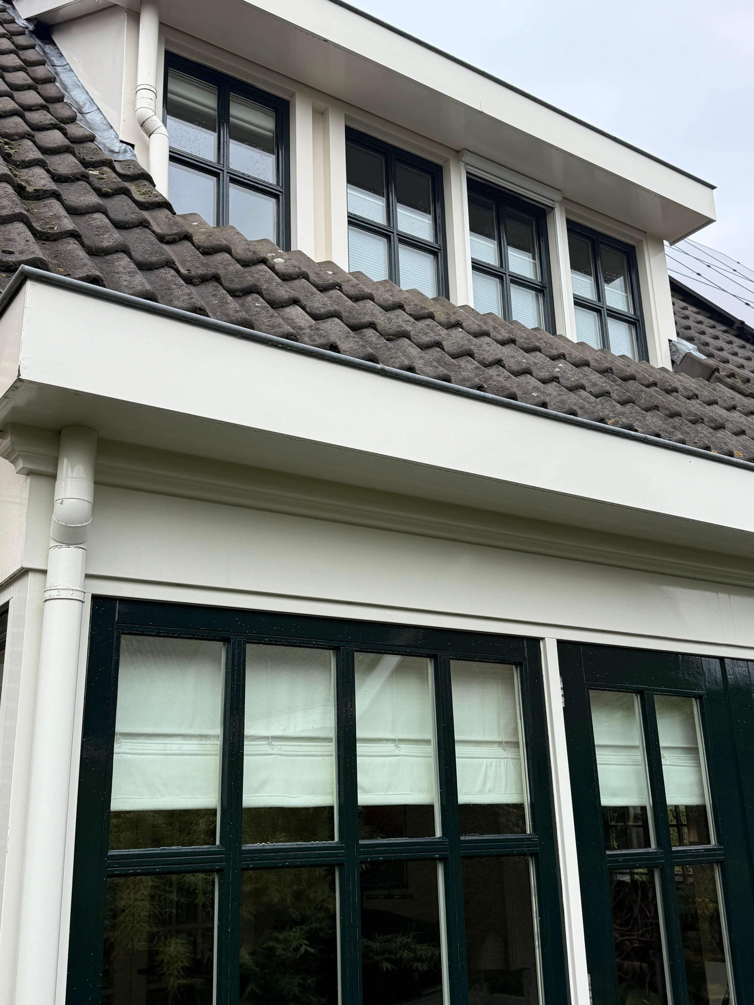 Woninggevel met donkere kozijnen, witte boeidelen en dakranden.