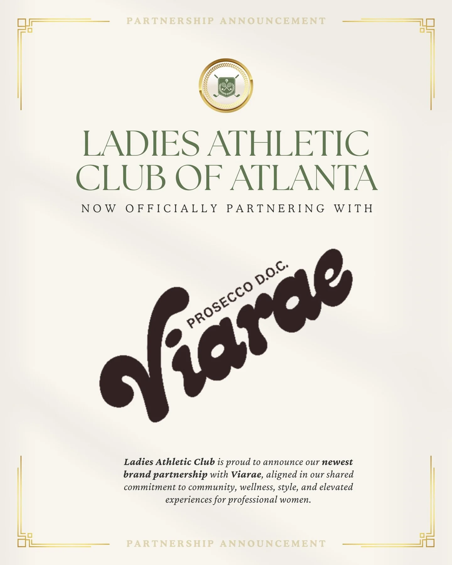 ✨ PARTNERSHIP ANNOUNCEMENT ✨

We&rsquo;re proud to officially welcome Viarae Prosecco @viaraewines as a brand partner of the Ladies Athletic Club of Atlanta 🍾

This partnership brings together two brands aligned in a shared commitment to community, 