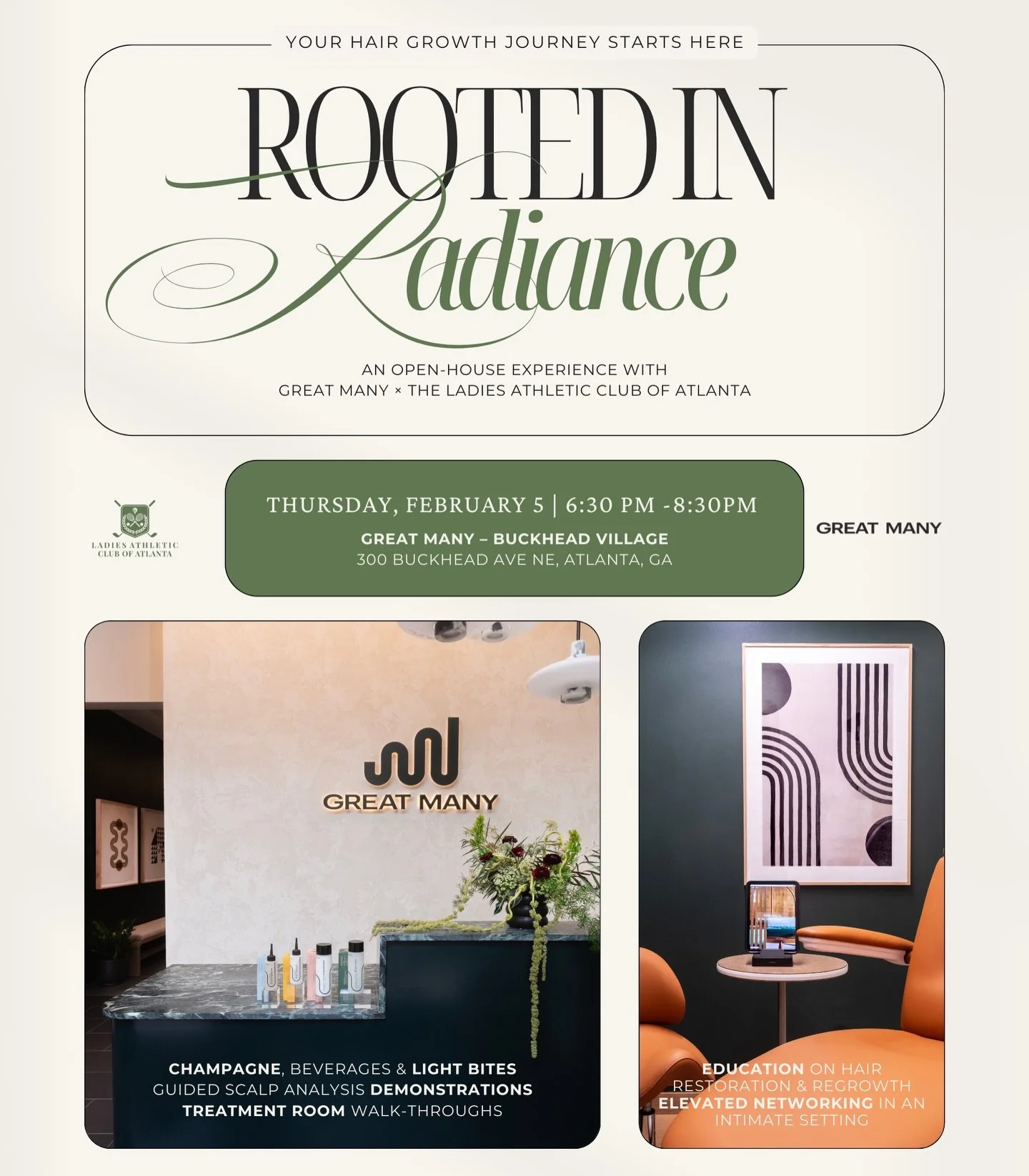 ✨ ROOTED IN RADIANCE ✨

An evening where beauty, education, and connection come together&mdash;intentionally.

Join us tomorrow evening at Great Many &ndash; Buckhead Village for an intimate open-house experience designed to nourish your hair growth 
