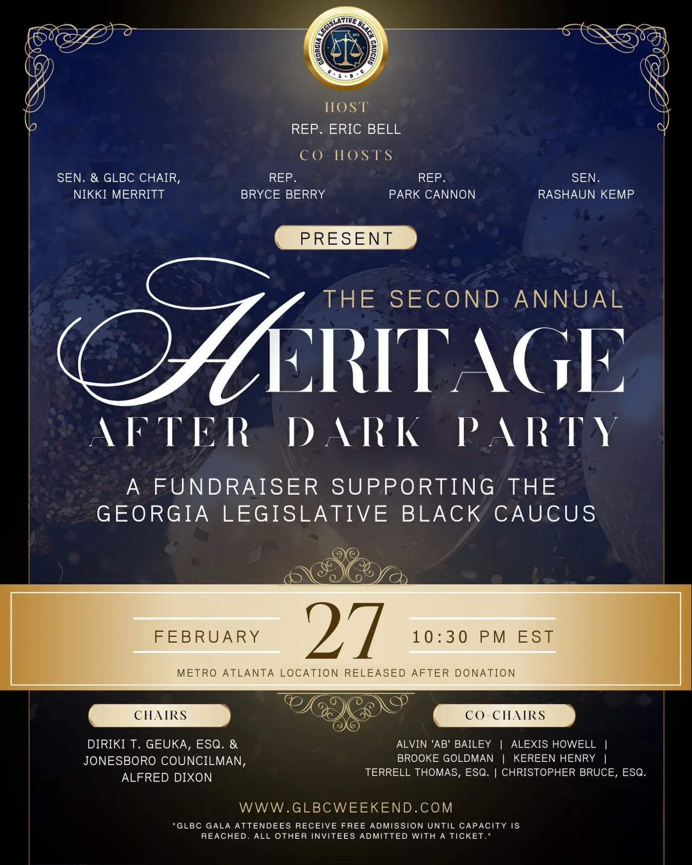 ✨ The time is now. ✨

The Georgia Legislative Black Caucus cordially invites you to the Second Annual Heritage After Dark &mdash; an exclusive after-gala fundraiser in support of the GLBC.

Join elected officials from across the great State of Georgi