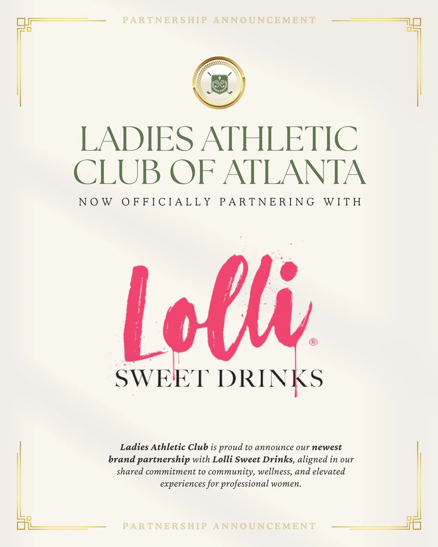 ✨ PARTNERSHIP ANNOUNCEMENT ✨

Ladies Athletic Club is thrilled to officially welcome @lollisweetdrinks as our newest brand partner. 🍷💕

This collaboration brings together amazing flavors, vibrant energy, and elevated experiences &mdash; perfectly a