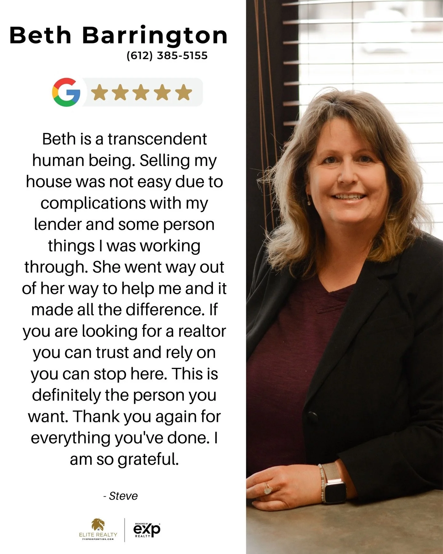 &ldquo;Beth is a transcendent human being. Selling my house was not easy due to complications with my lender and some person things I was working through. She went way out of her way to help me and it made all the difference. If you are looking for a