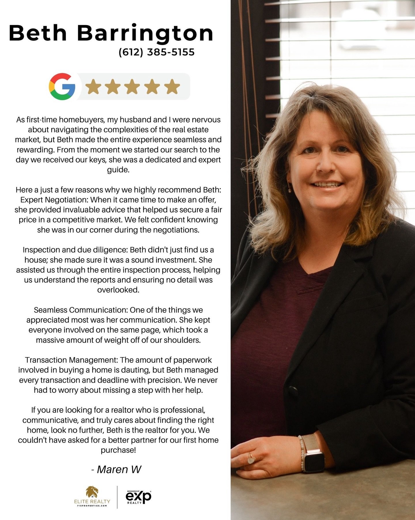 &ldquo;As first-time homebuyers, my husband and I were nervous about navigating the complexities of the real estate market, but Beth made the entire experience seamless and rewarding. From the moment we started our search to the day we received our k