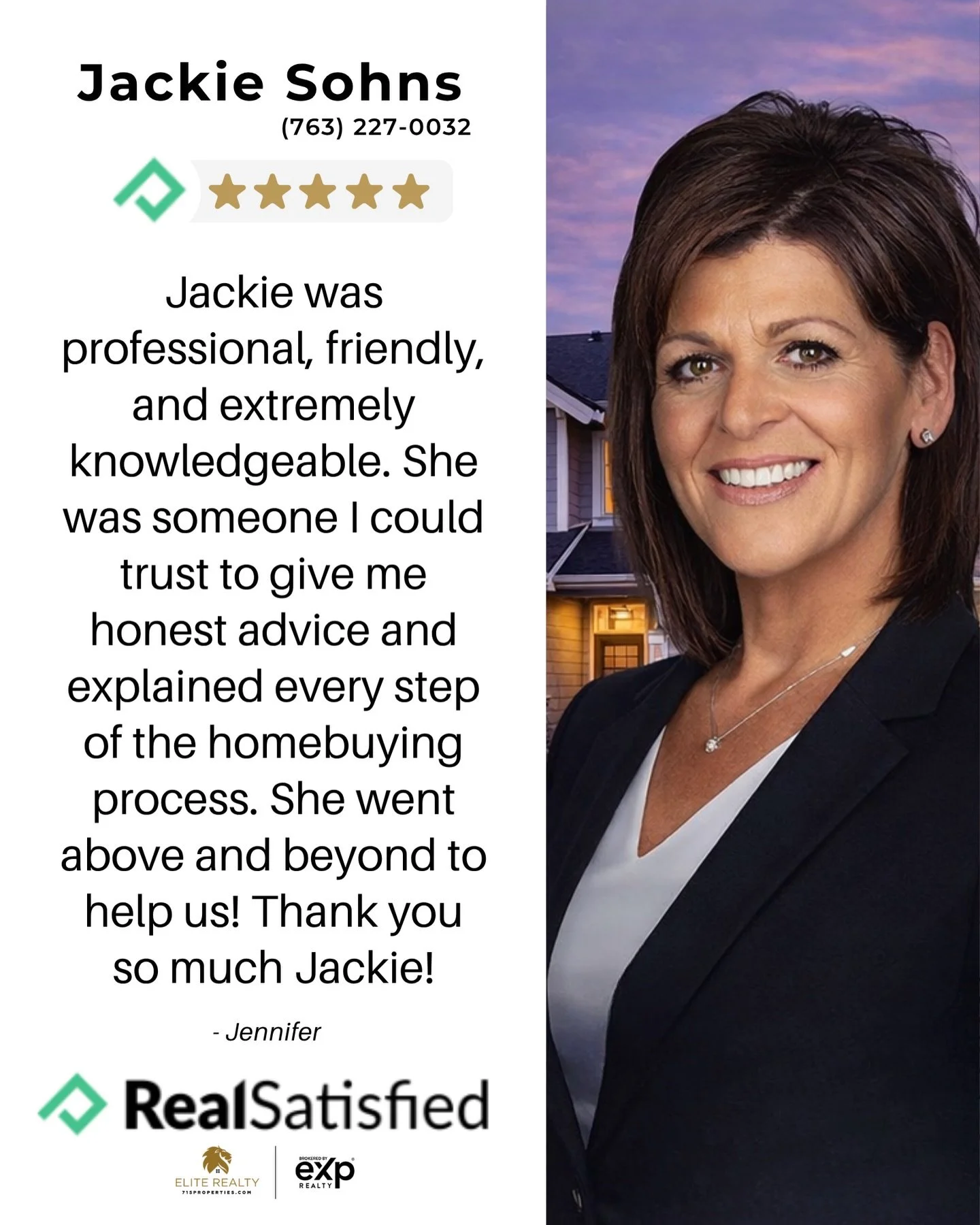 &ldquo;Jackie was professional, friendly, and extremely knowledgeable. She was someone I could trust to give me honest advice and explained every step of the homebuying process. She went above and beyond to help us! Thank you so much Jackie!&rdquo; ?