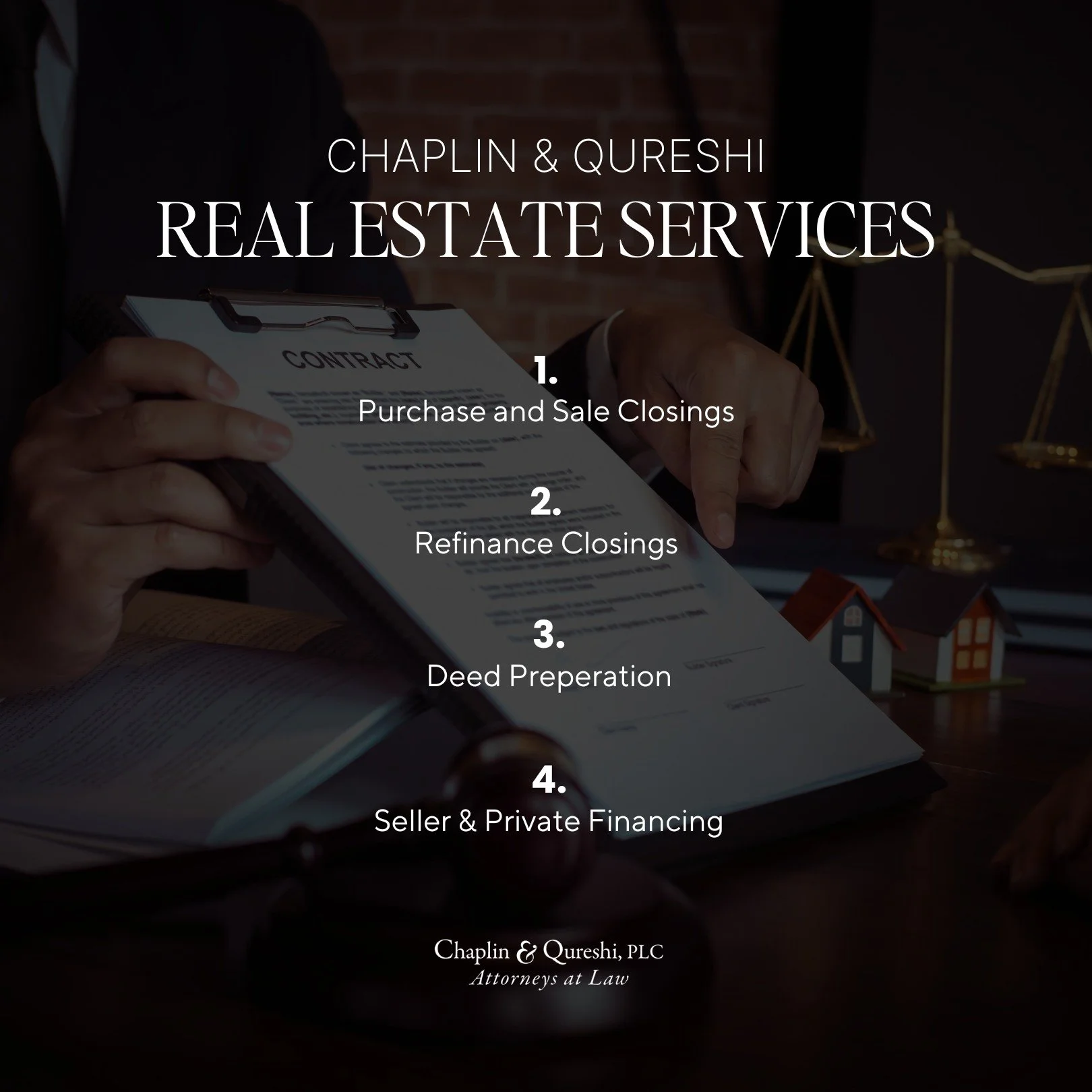 At Mission Realty, we know that buying, selling, or refinancing a home is a major life event. That's why we partner with Chaplin &amp; Qureshi&mdash;specialists in real estate closings, deed preparation, and both private and seller financing. Their e