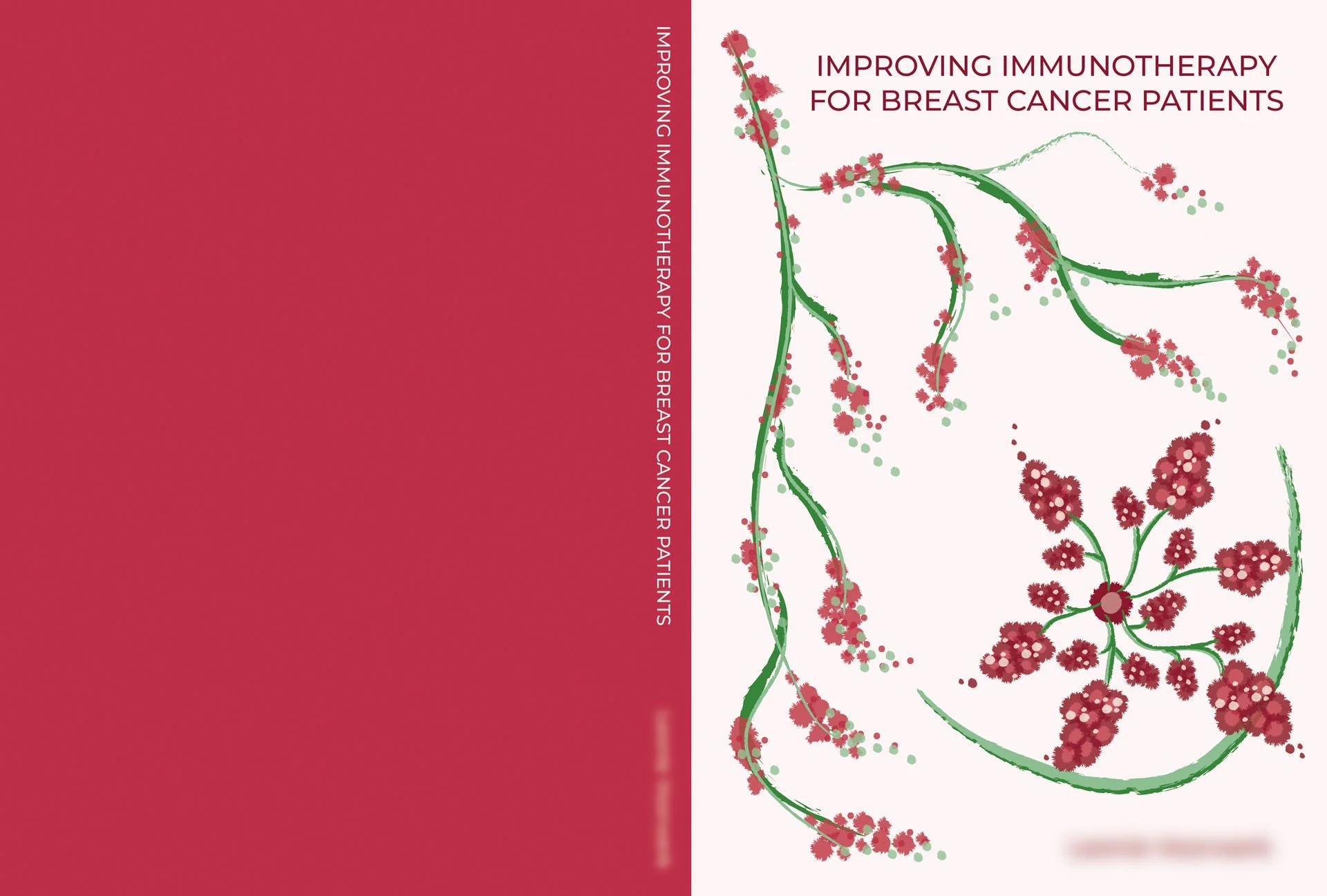 Cover of a publication titled "Improving Immunotherapy for Breast Cancer Patients" with a floral illustration of a branching plant with red flowers and green leaves on a pink and white background.