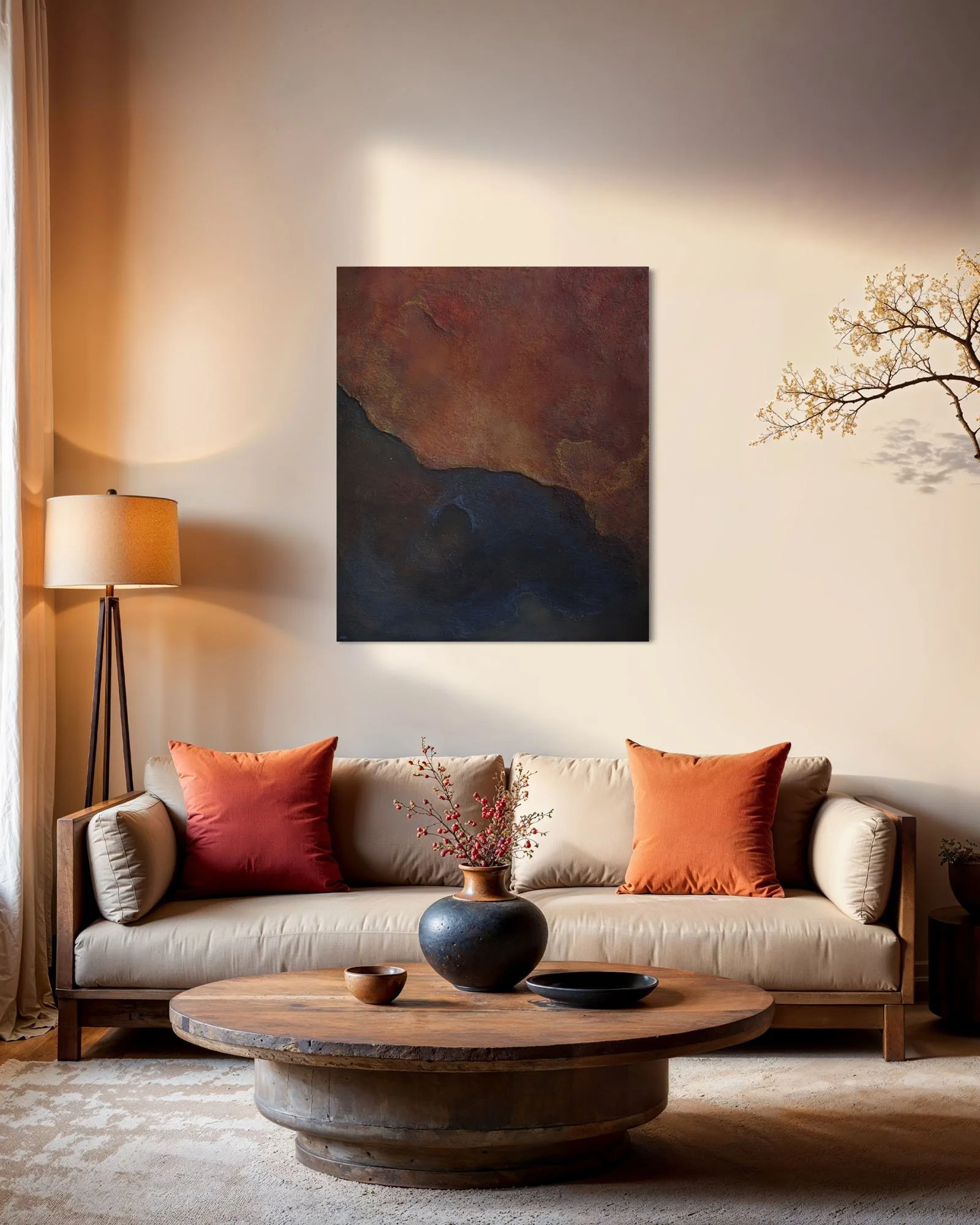 Living room with beige sofa, orange pillows, wooden coffee table with vases and bowls, abstract painting on beige wall, lamp on left, curtain on left side, and a tree with shadow on the wall.