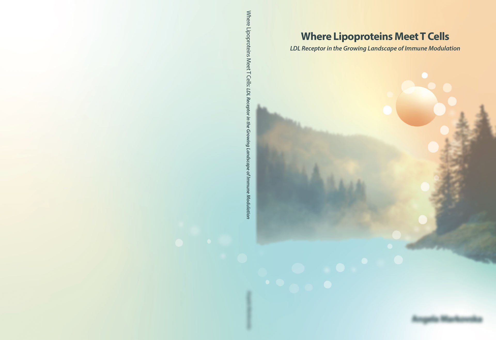 Book cover titled "Where Lipoproteins Meet T Cells" with a scenic background of mountains, trees, and a gradient sky, and a graphic of a lipid molecule.