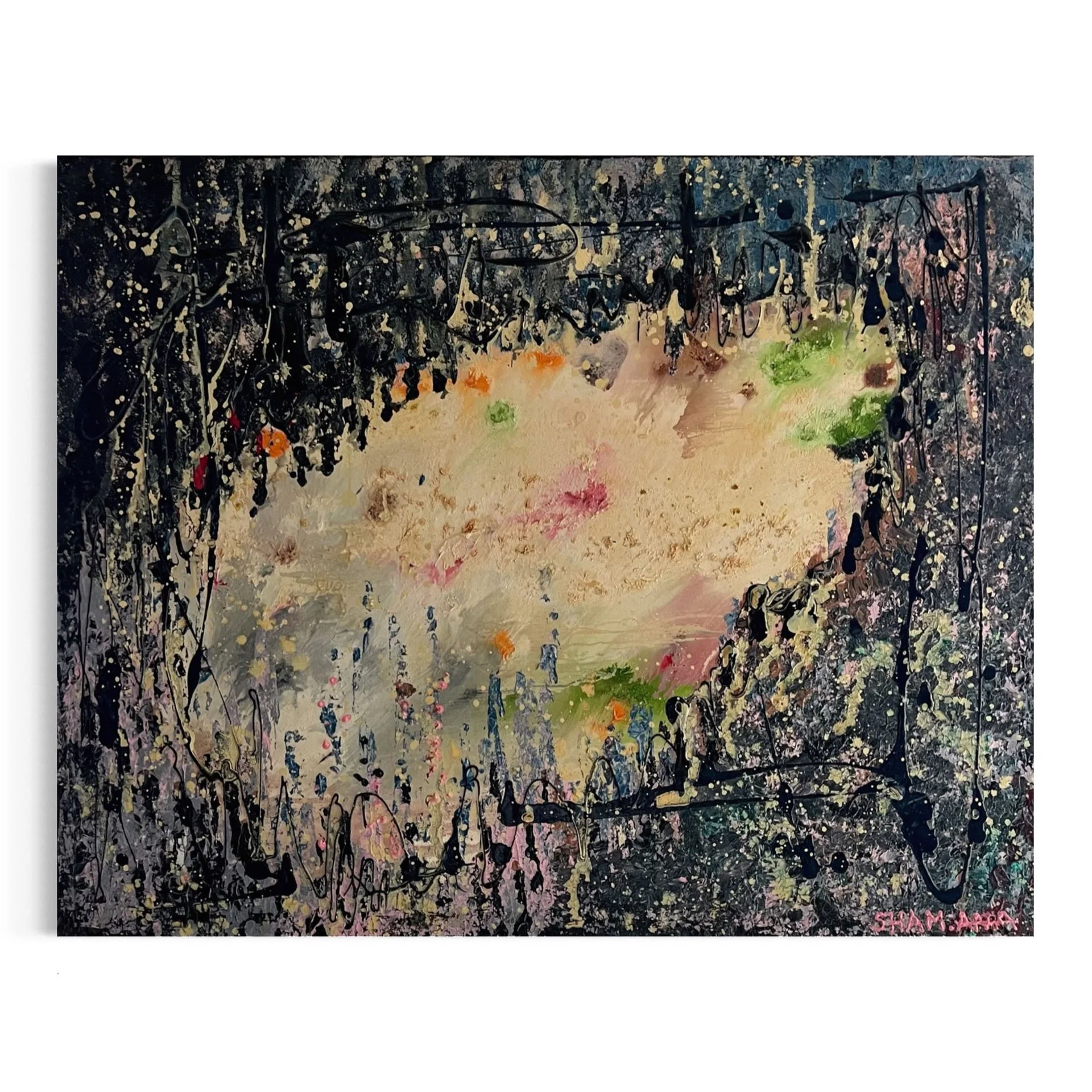 Colorful abstract expressionist painting with splatters and drips of black, pastel pink, blue, green, orange, and yellow paint, with handwritten text in pink at the bottom right corner.