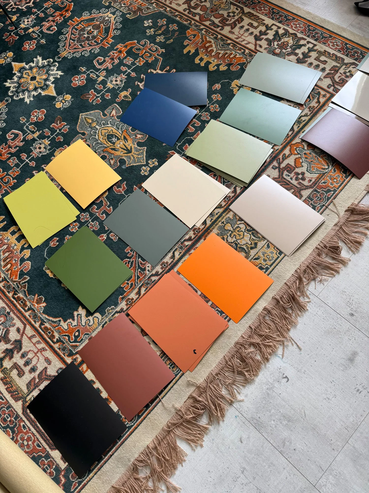 A variety of color swatches arranged in rows on a patterned rug. The swatches range from yellow, green, gray, white, to various shades of pink, orange, and black.