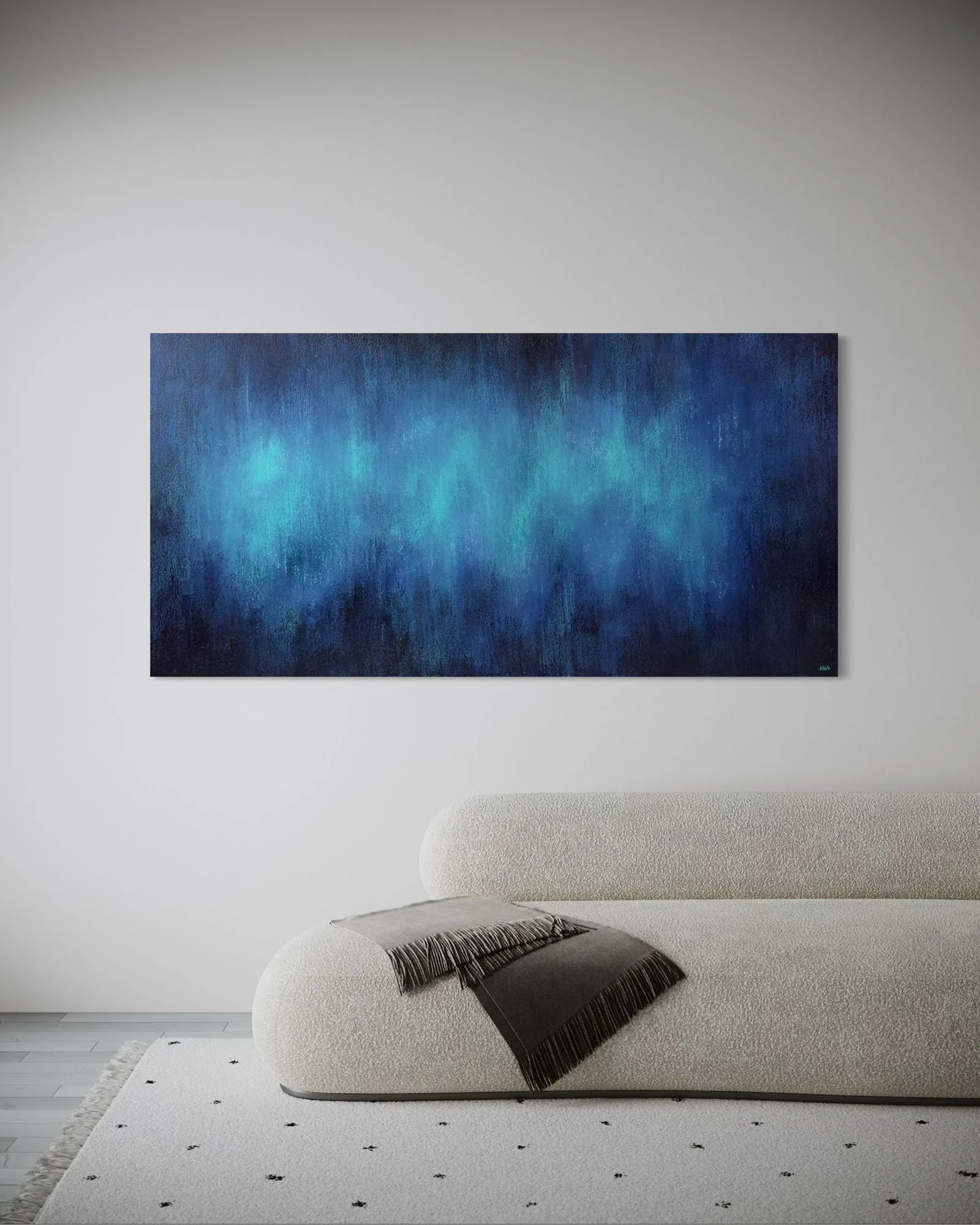 Modern living room with a white textured sofa, black striped pillow, white rug with black star patterns, abstract blue and black painting on the wall, and a gray wall background.