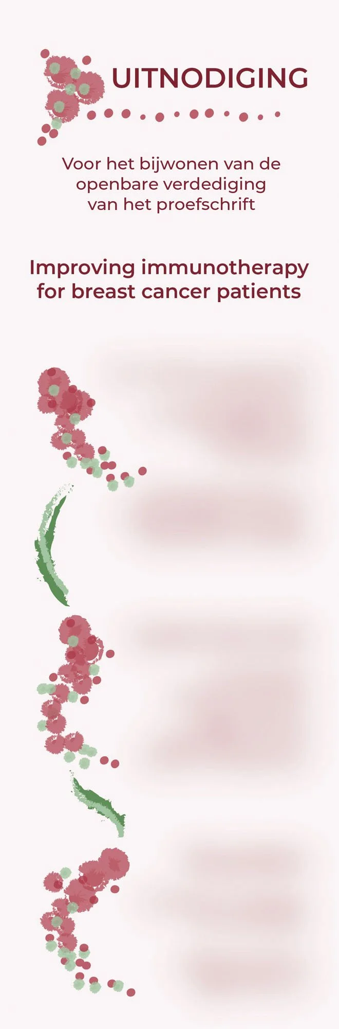 Invitation in Dutch and English for a conference on improving immunotherapy for breast cancer patients, with a decorative border of abstract pink and green floral patterns.