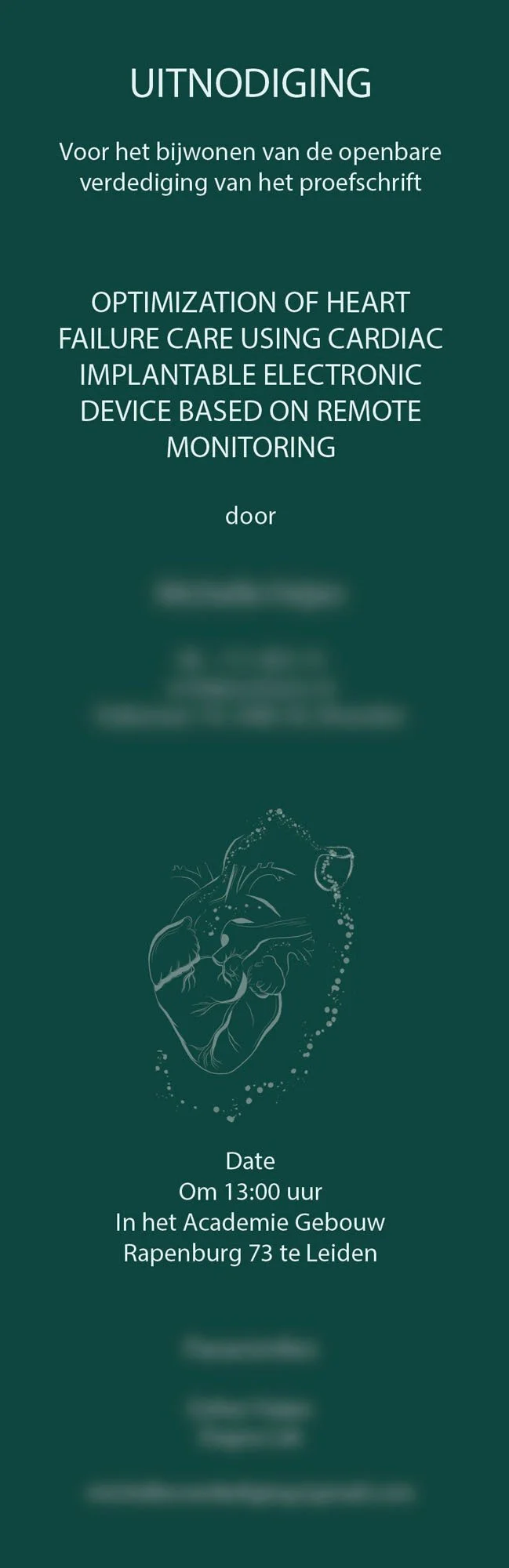 Invitation for a presentation on heart failure care using a remote cardiac implantable electronic device, scheduled at 1:00 PM at the Academy Building, Rapenburg 73, Leiden, with a stylized heart illustration.