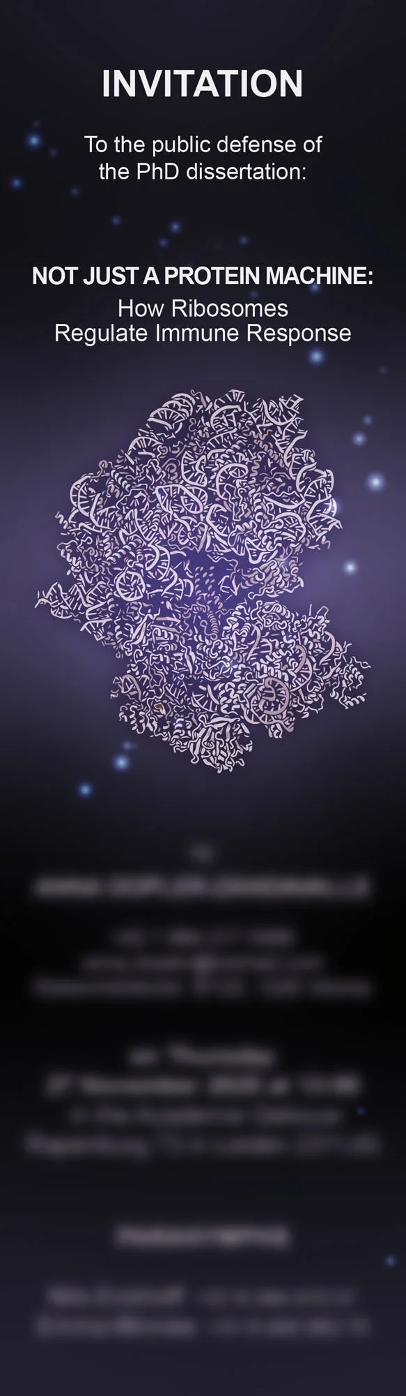 Invitation to a PhD dissertation presentation titled "Not Just a Protein Machine: How Ribosomes Regulate Immune Response."