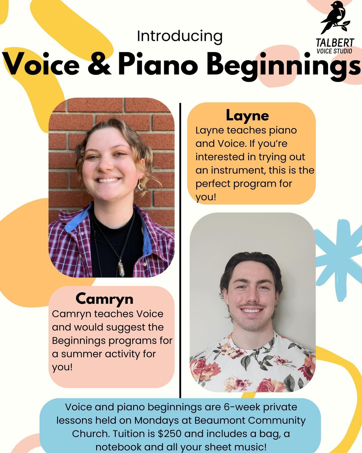 Our assistant assistant conductors are teaching lessons over the summer! 

Do you or your child want to try out voice or piano lessons? Try out our 6-week Voice and/or Piano Beginning classes!

We are offering a session over this summer that is flexi