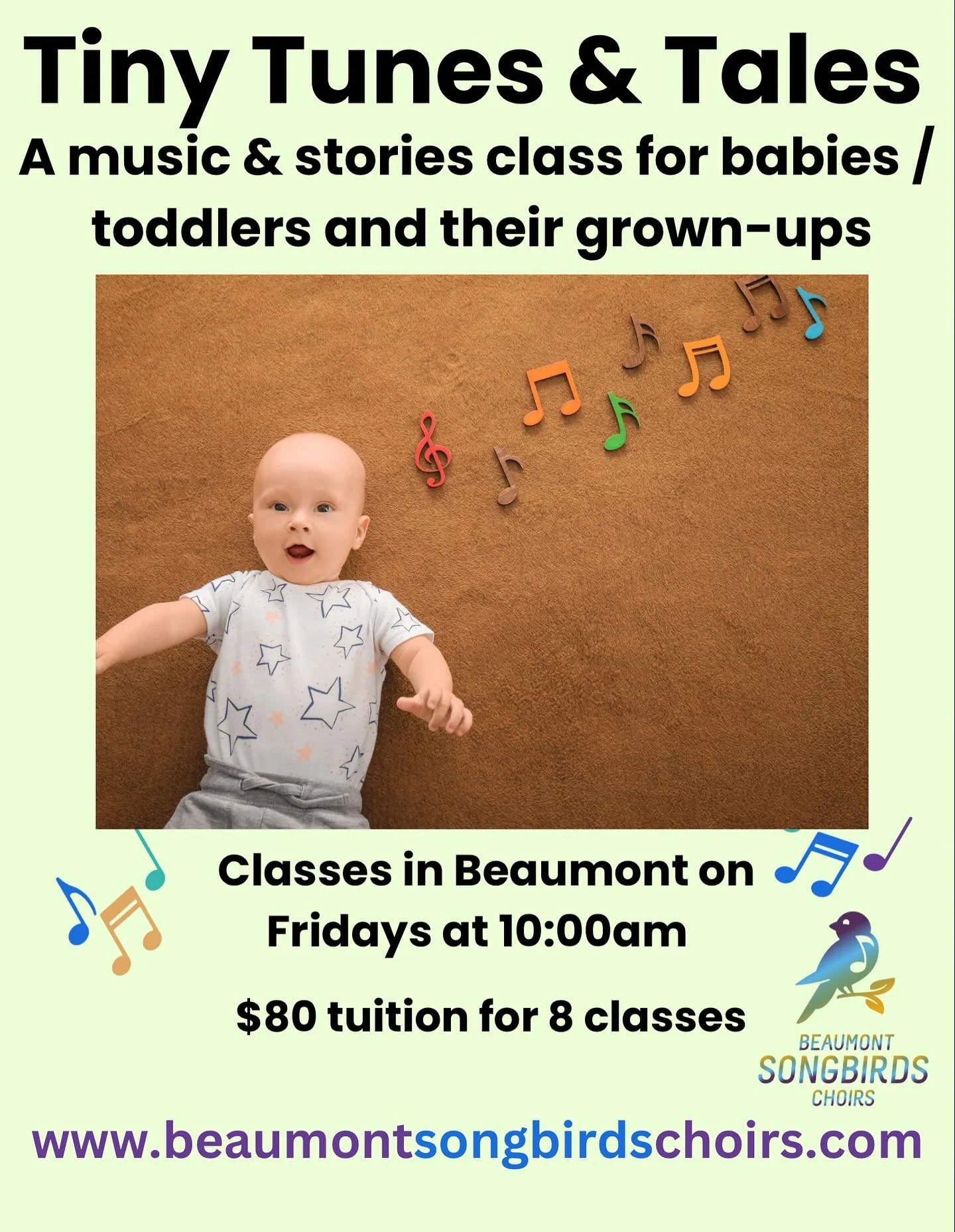 Tiny Tunes &amp; Tales starts this Friday at 10:00 at the Beaumont Community Church. 

Come join us for a time of music, stories and play. 

You can register at https://www.beaumontsongbirdschoirs.com/registration