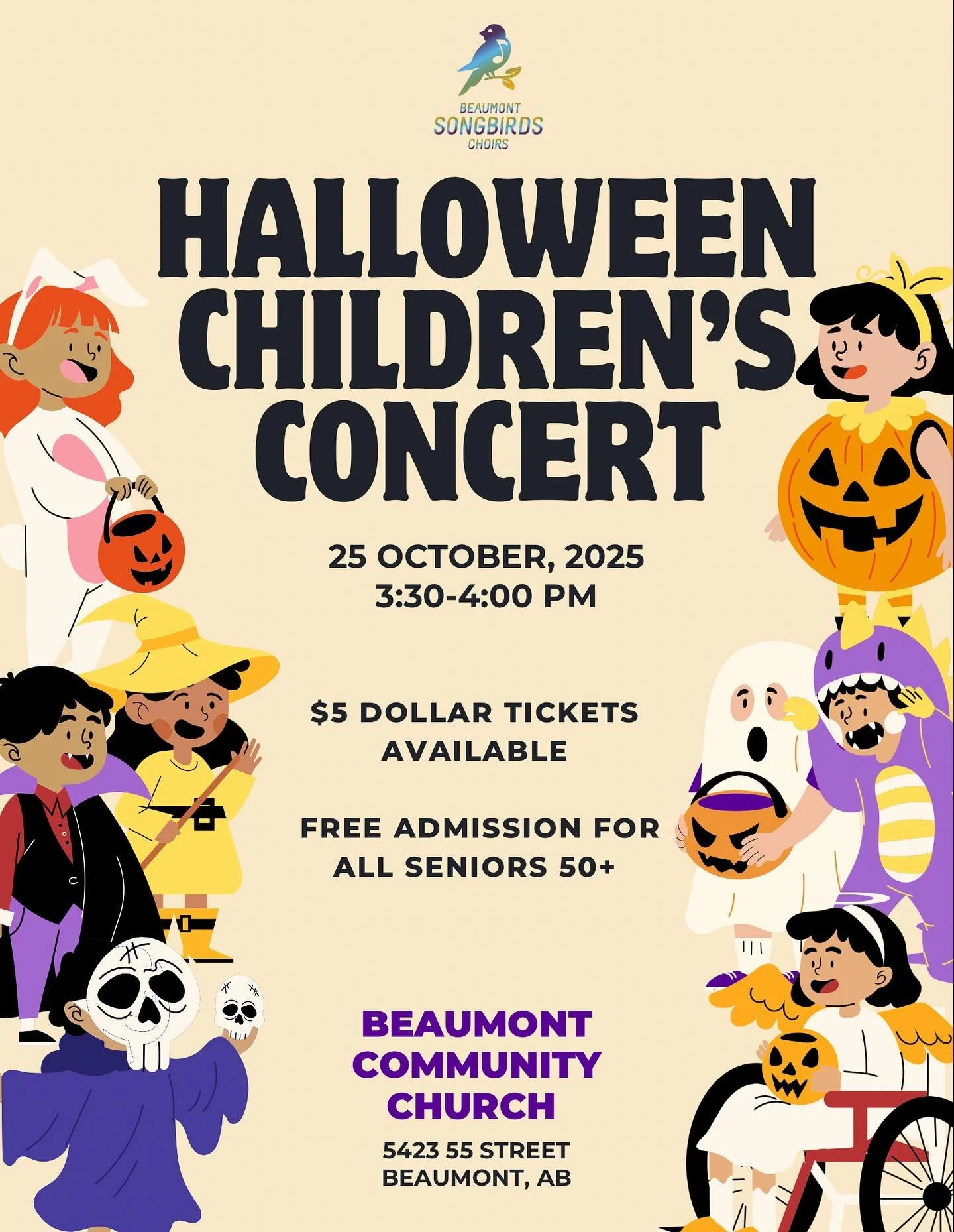 The first children&rsquo;s choir concert is coming up at the end of October!

The children&rsquo;s Halloween concert is on Saturday, October 25 at 3:30 PM at the Beaumont Community Church.

https://www.zeffy.com/en-CA/ticketing/halloween-childrens-co