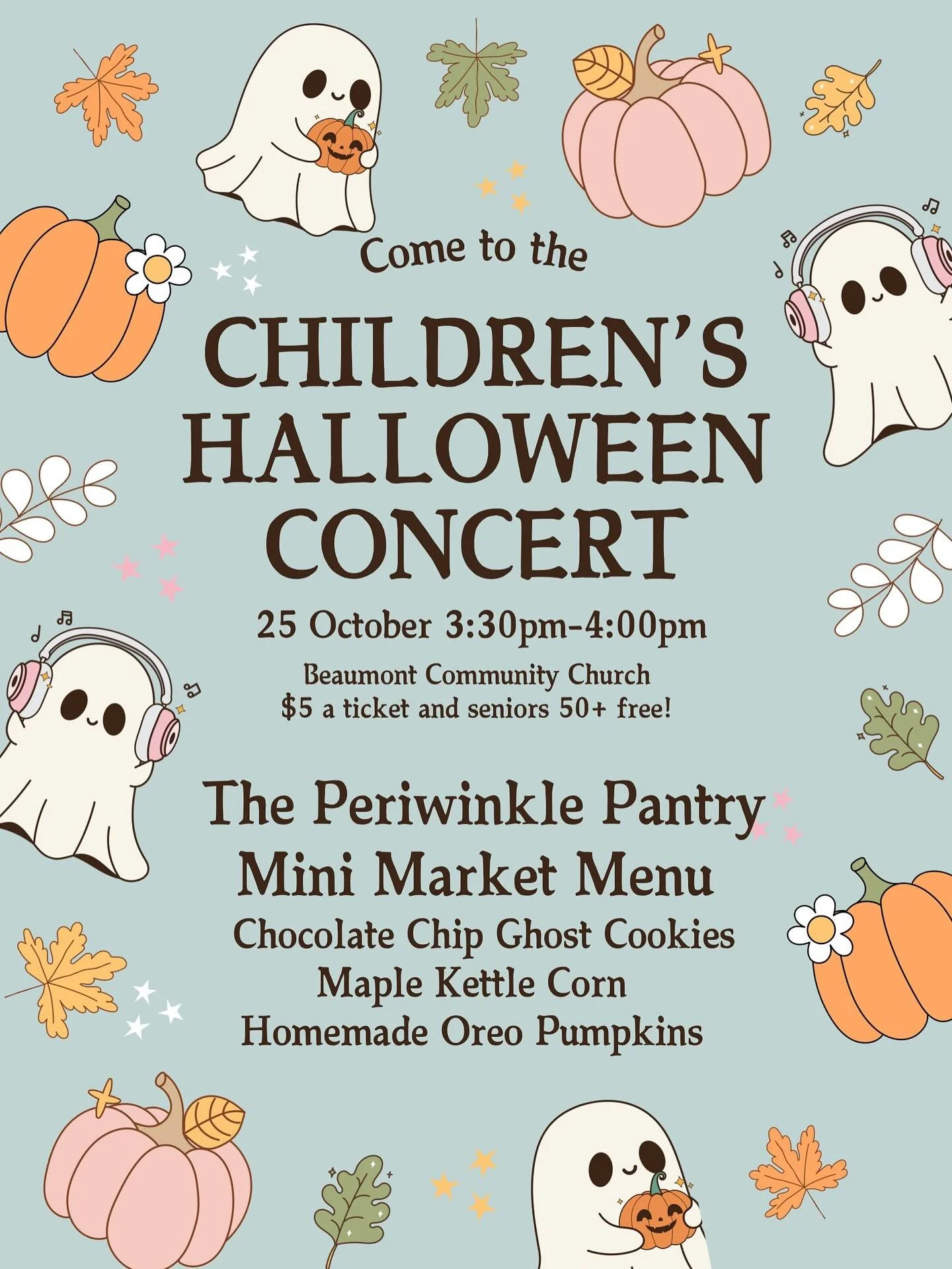 The @theperiwinklepantry will be joining us at our children&rsquo;s concert on Saturday at 3:30pm at Beaumont Community Church. 

There will be delicious spooky treats available for purchase before and after the concert! 

Admission is free for all s