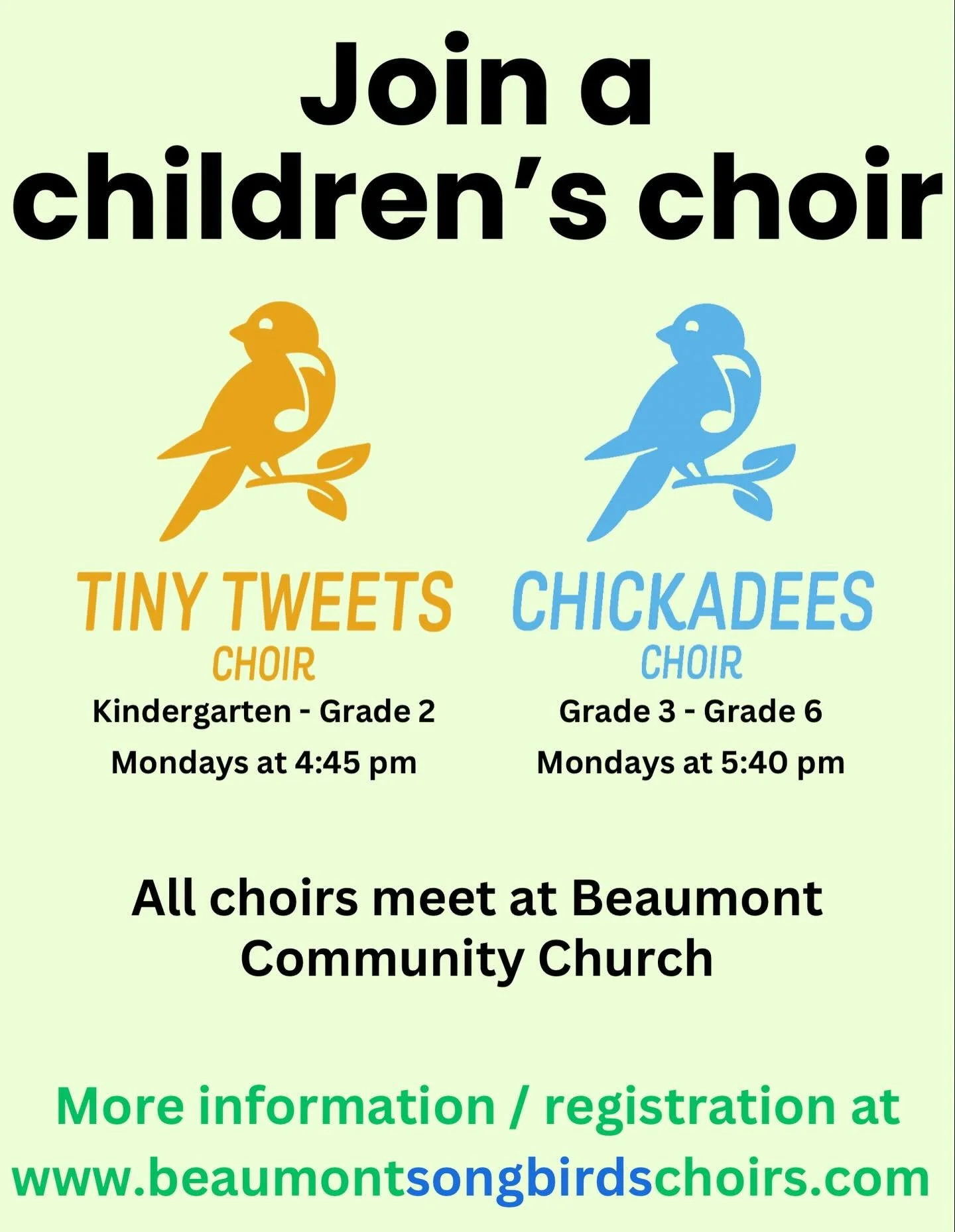 Our children&rsquo;s choirs are filling up for the spring term!

This semester we are doing a spring concert, a mini concert for Beaumont&rsquo;s seniors, and competing in the Leduc Music Festival!

You can register for our children&rsquo;s choirs at