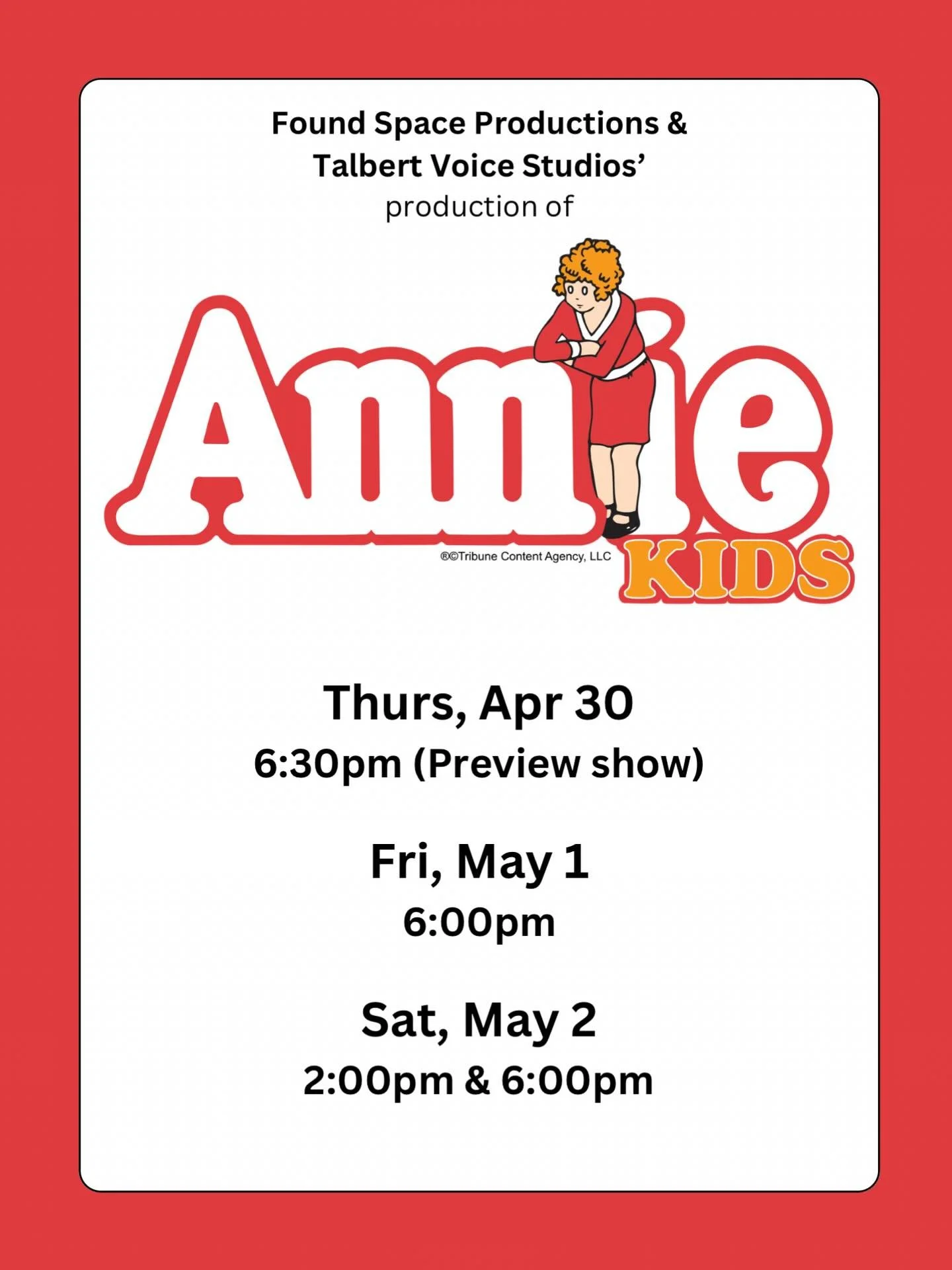 Next week is show week! Friday night is sold out, but we still have space in our other shows. 

Grab your tickets at https://www.zeffy.com/en-CA/ticketing/annie-kids-3