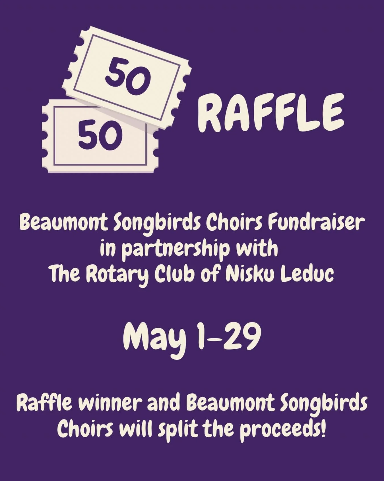 We are thrilled to announce that we have partnered with the Rotary Club of Nisku-Leduc to host of 50-50 throughout the month of May!

Winning number will be drawn at our Songbirds concert on May 29. 🎉🎉

You can get tickets at https://www.rafflebox.
