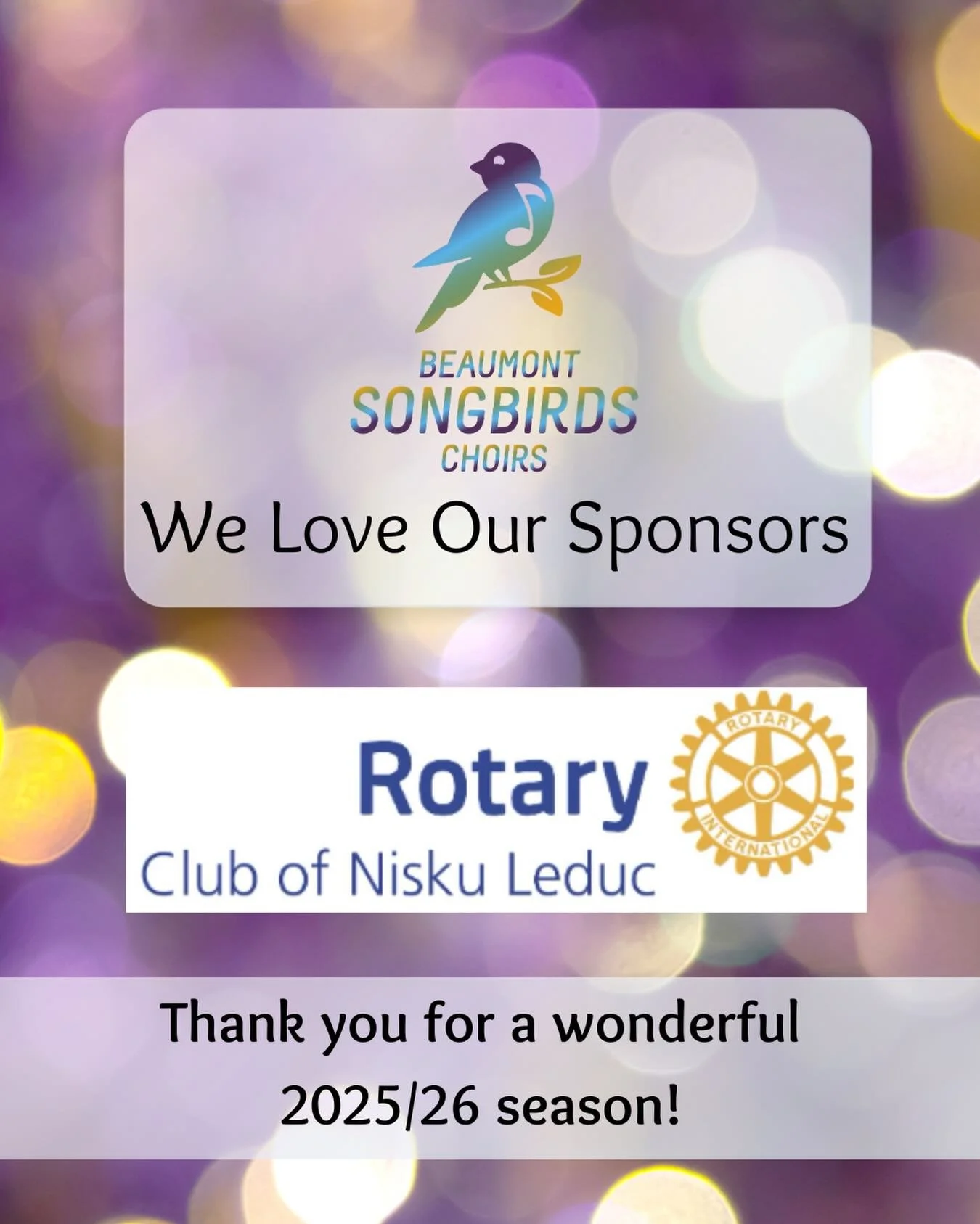 As we approach our children&rsquo;s choir concert this Saturday, we want to say a special thank you for the sponsors who support our choirs! 

Thank you to the Nisku-Leduc Rotary for your support of the choirs this last year. We appreciate you so muc