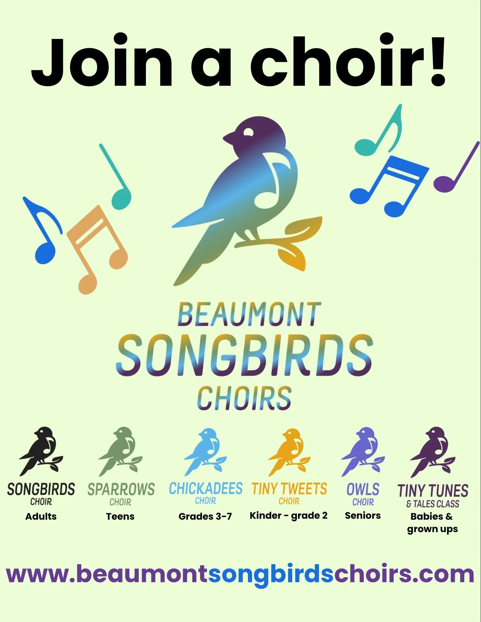 Looking for a way to connect to your community next year? Join a choir! 

We have choirs for children, teens, adults, and seniors! 

You can find more information at:

Children: https://www.beaumontsongbirdschoirs.com/childrens-choir-registrations

T