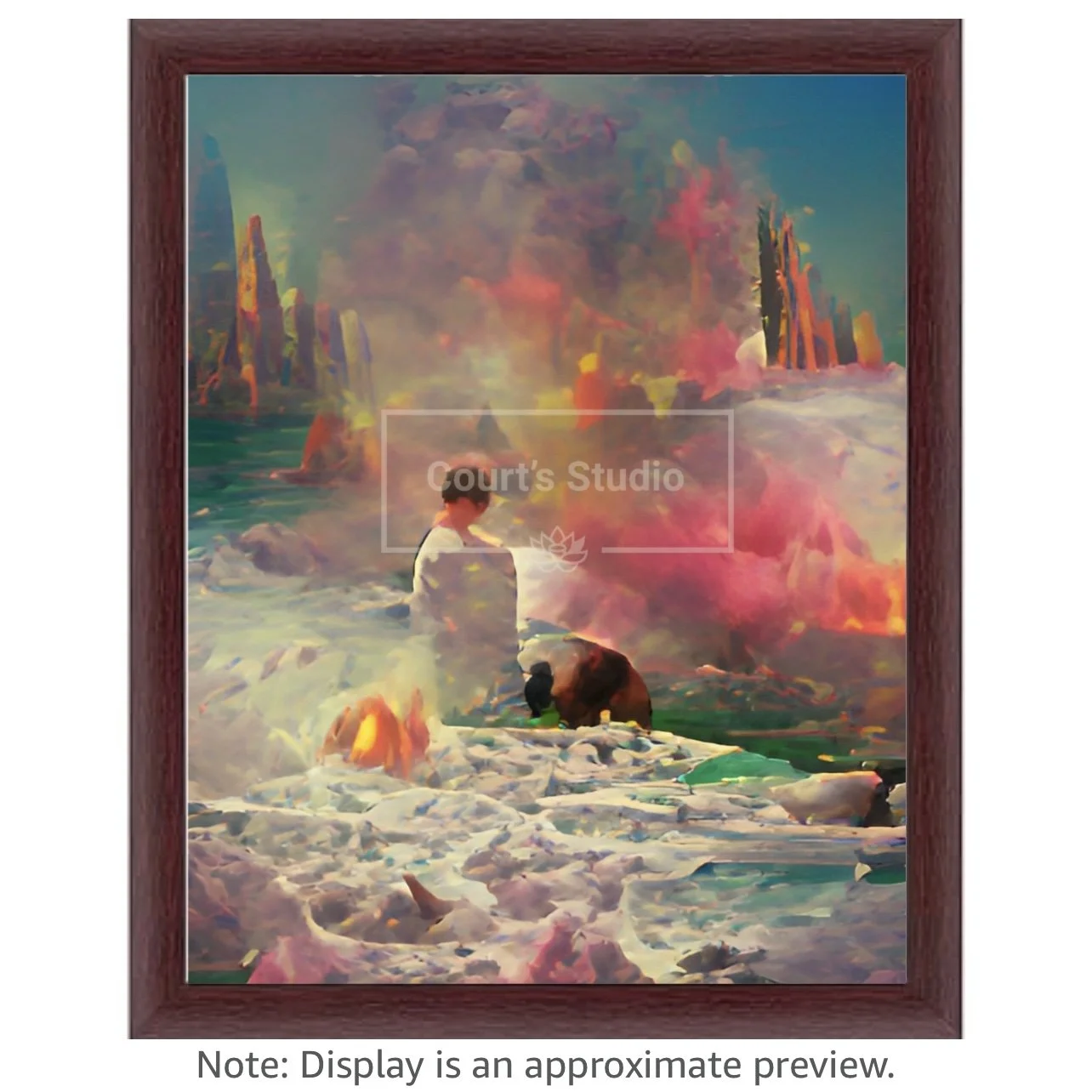 Custom 16x20 synesthesia art canvas with an elegant mahogany frame, featuring a blend of visuals and sounds in a stunning artwork.