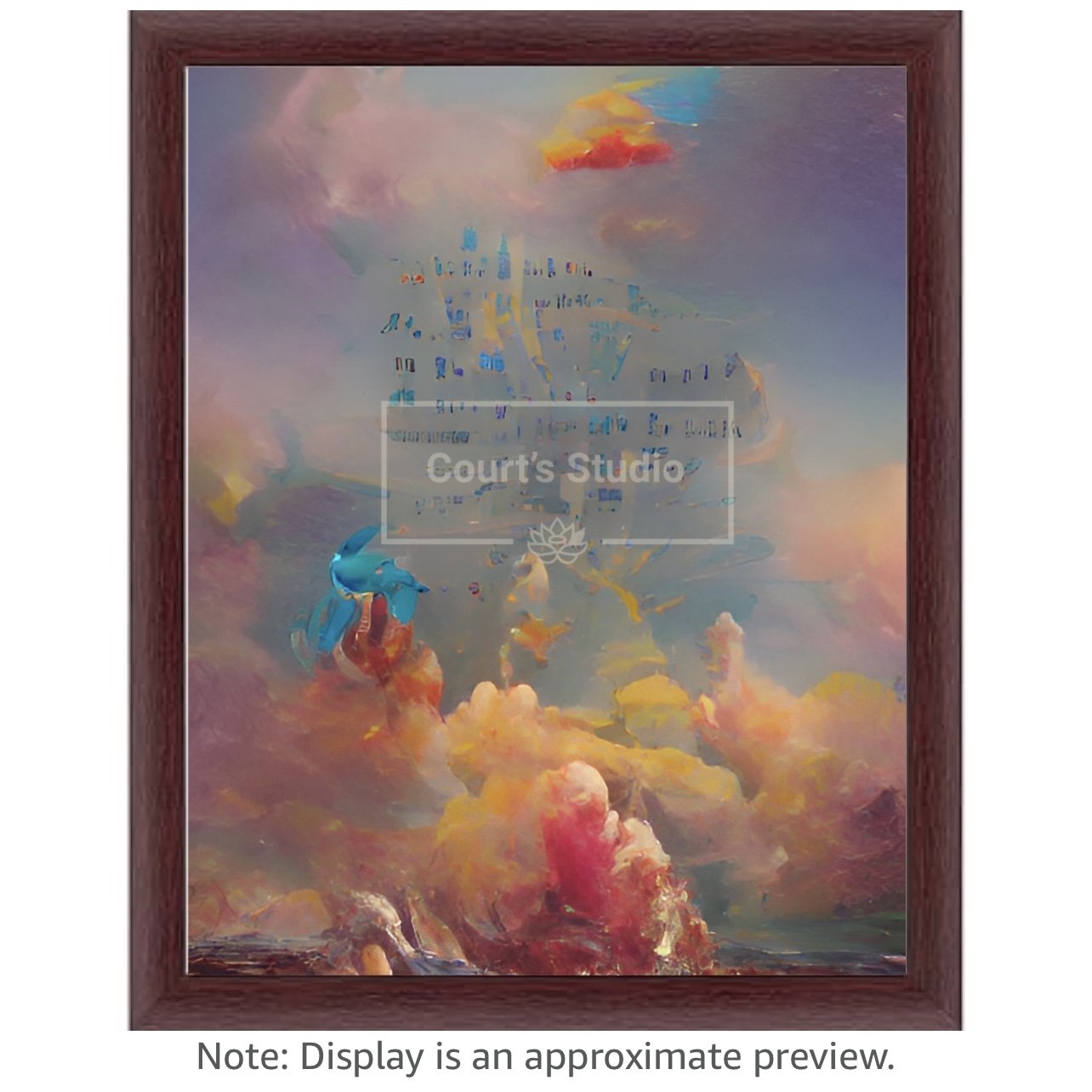 Custom 16x20 synesthesia art canvas with an elegant mahogany frame, featuring a blend of visuals and sounds in a stunning artwork.